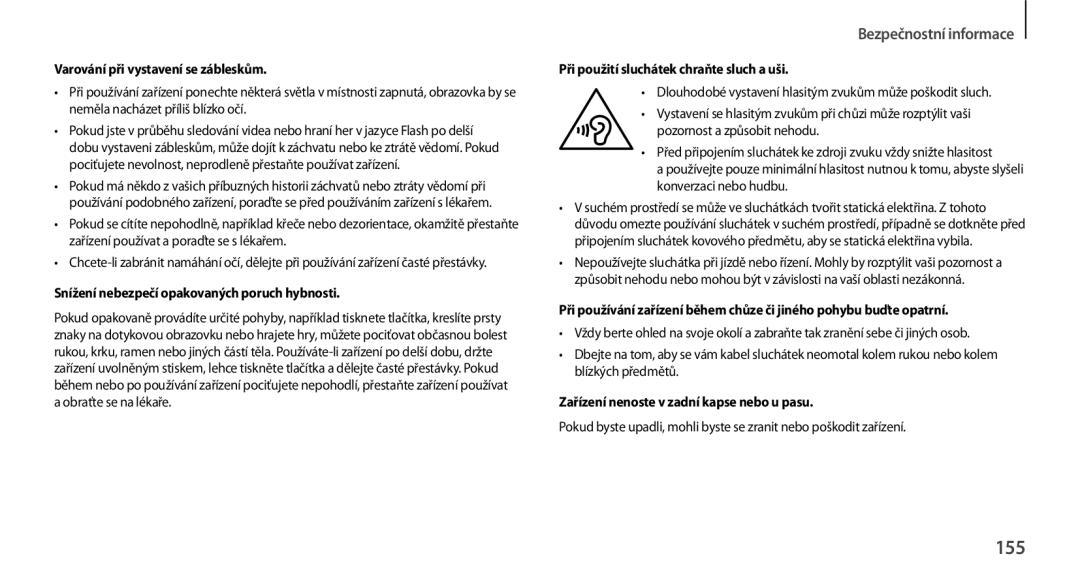 Samsung GT-N7100TADATO, GT-N7100RWDXEO, GT-N7100RWDATO, GT-N7100RWDVVT manual 155, Varování při vystavení se zábleskům 
