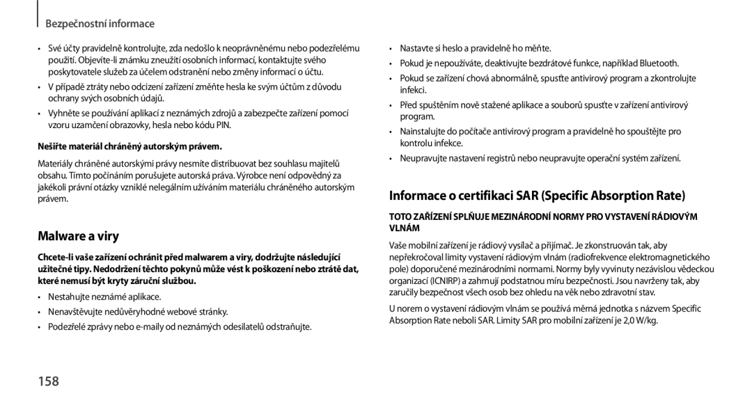 Samsung GT-N7100TADTMZ, GT-N7100RWDXEO manual Malware a viry, 158, Informace o certifikaci SAR Specific Absorption Rate 