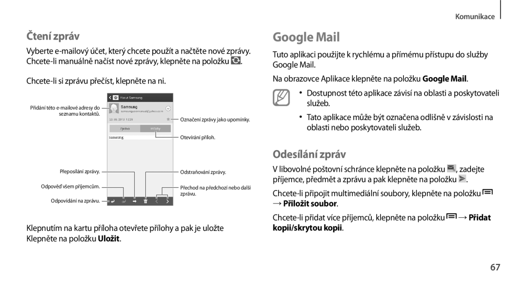 Samsung GT-N7100TADETL manual Google Mail, Čtení zpráv, Chcete-li si zprávu přečíst, klepněte na ni, → Přiložit soubor 