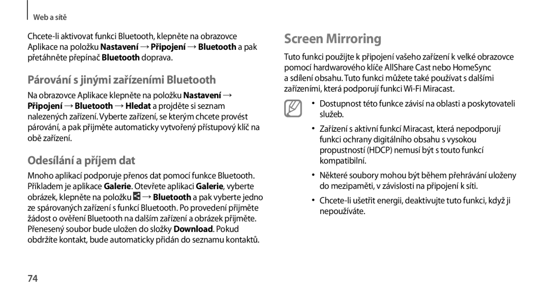 Samsung GT-N7100RWDVDC, GT-N7100RWDXEO Screen Mirroring, Párování s jinými zařízeními Bluetooth, Odesílání a příjem dat 