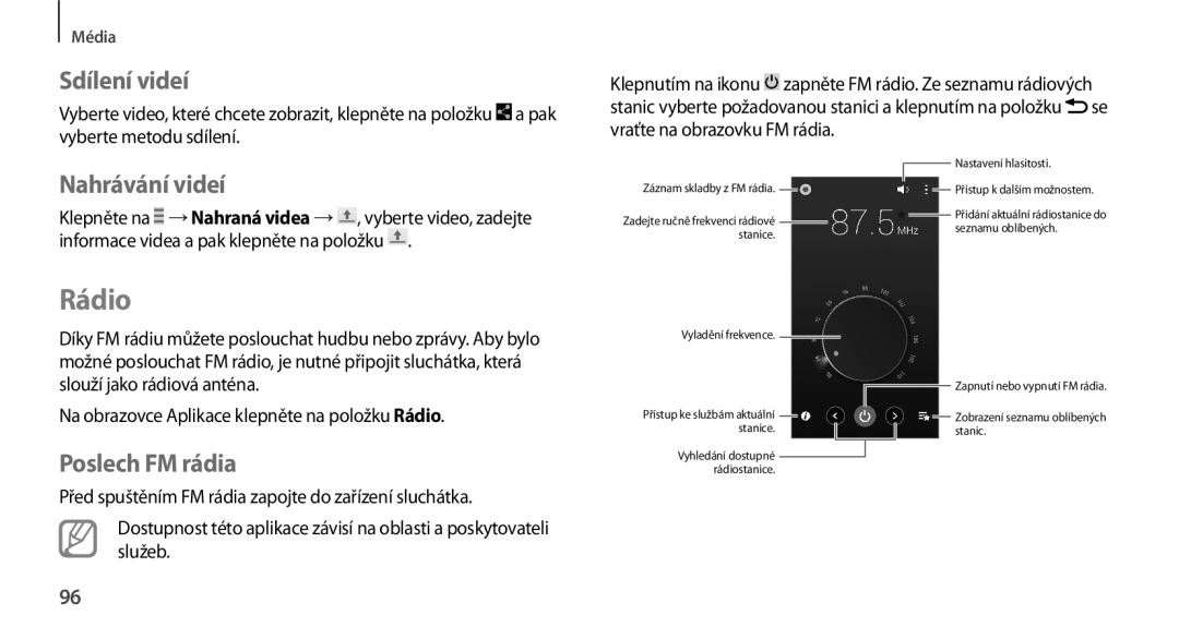 Samsung GT-N7100TADTMZ manual Nahrávání videí, Poslech FM rádia, Na obrazovce Aplikace klepněte na položku Rádio 