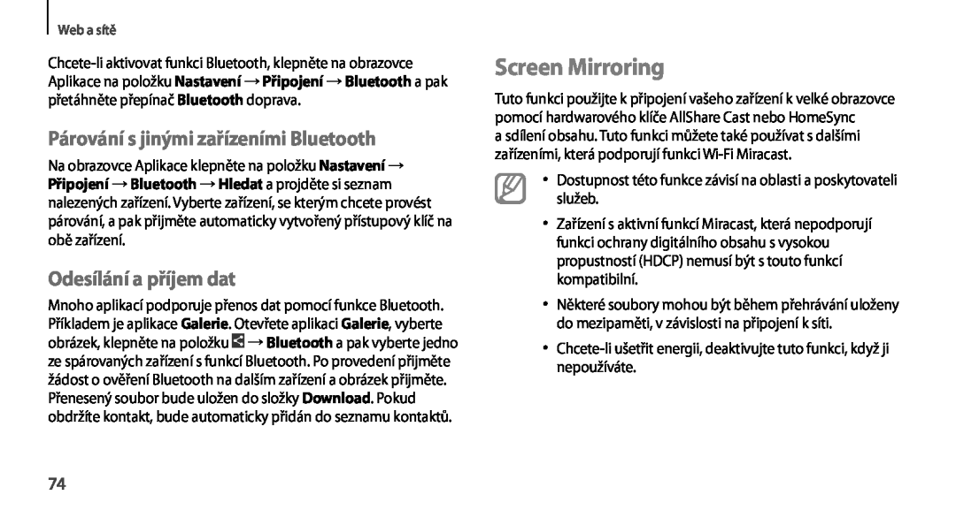 Samsung GT-N7100RWDVDC, GT-N7100RWDXEO Screen Mirroring, Párování s jinými zařízeními Bluetooth, Odesílání a příjem dat 