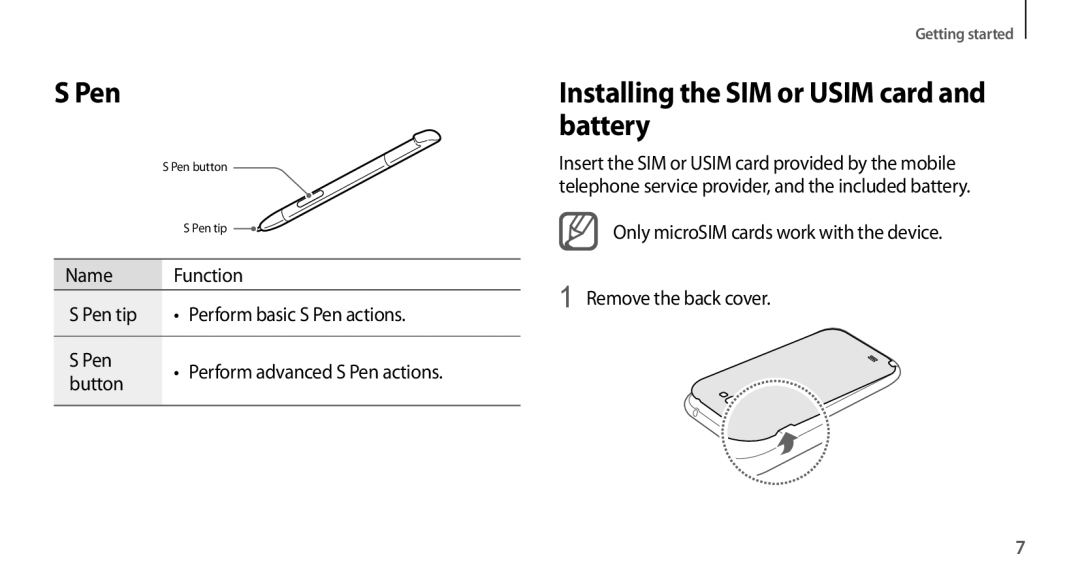 Samsung GT-N7100RWDKSA, GT-N7100RWXJED, GT-N7100ZNDKSA, GT-N7100VSAXSG manual Pen, Installing the SIM or Usim card and battery 