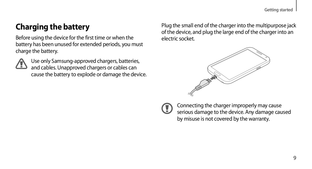 Samsung GT-N7100RWDJED, GT-N7100RWXJED, GT-N7100ZNDKSA, GT-N7100VSAXSG, GT-N7100VSDXSG, GT-N7100ZBDKSA Charging the battery 