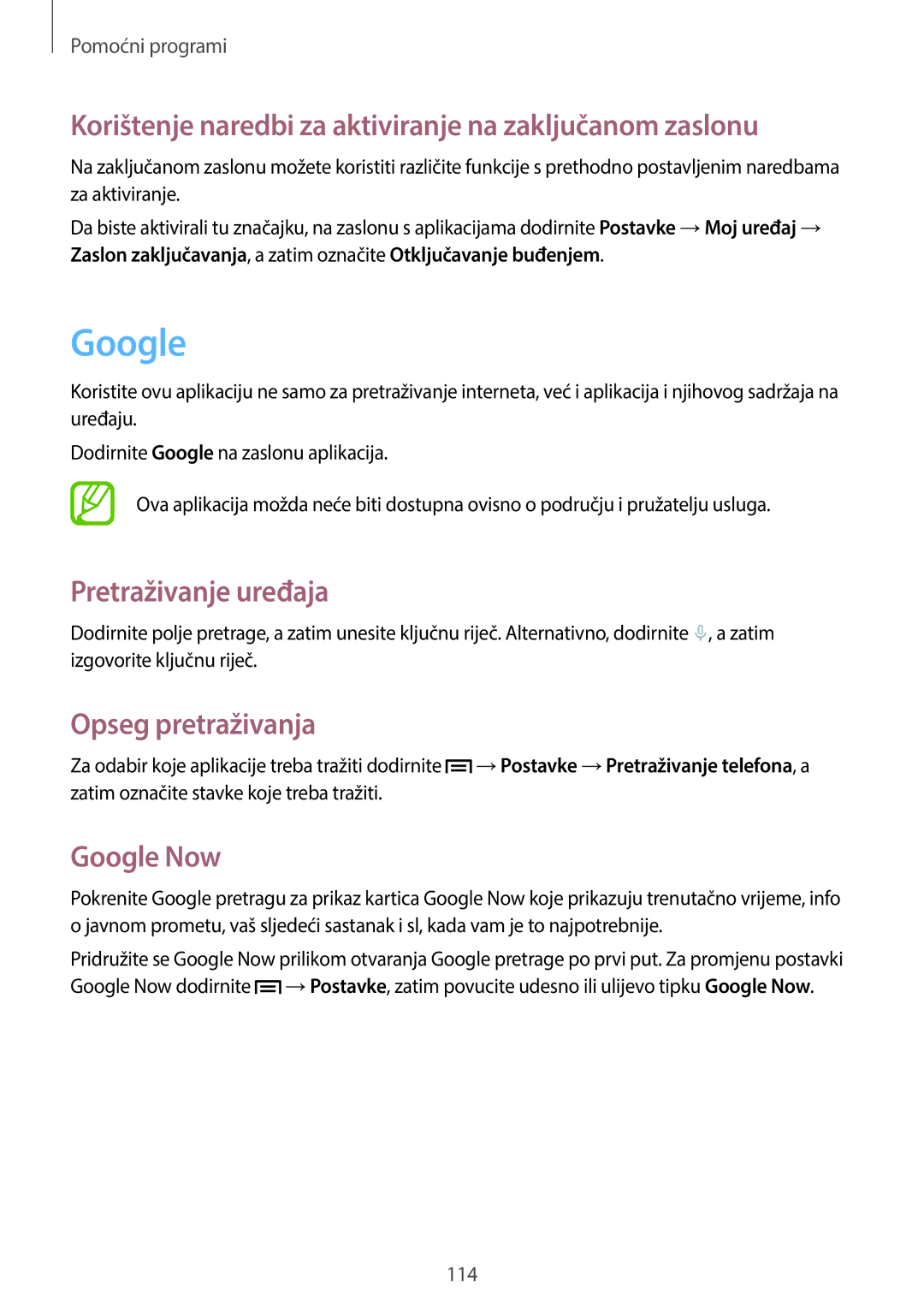 Samsung GT2N7100TADTRA Korištenje naredbi za aktiviranje na zaključanom zaslonu, Pretraživanje uređaja, Google Now 