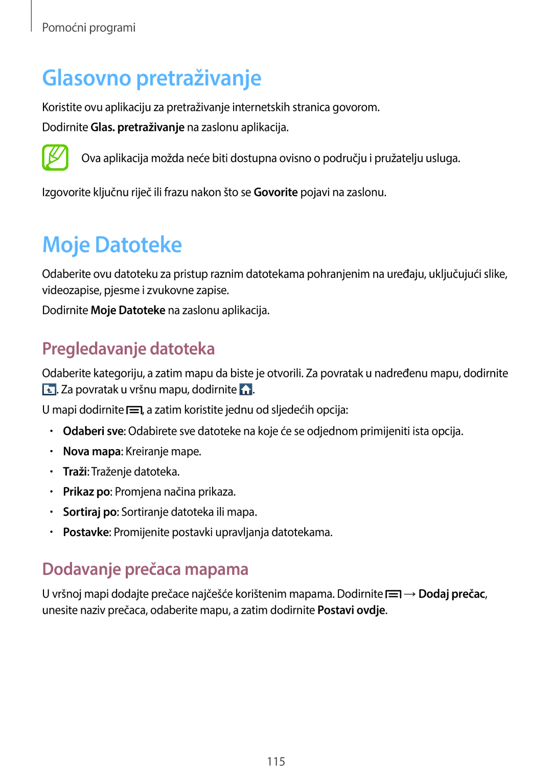 Samsung GT-N7100TADCRO manual Glasovno pretraživanje, Moje Datoteke, Pregledavanje datoteka, Dodavanje prečaca mapama 