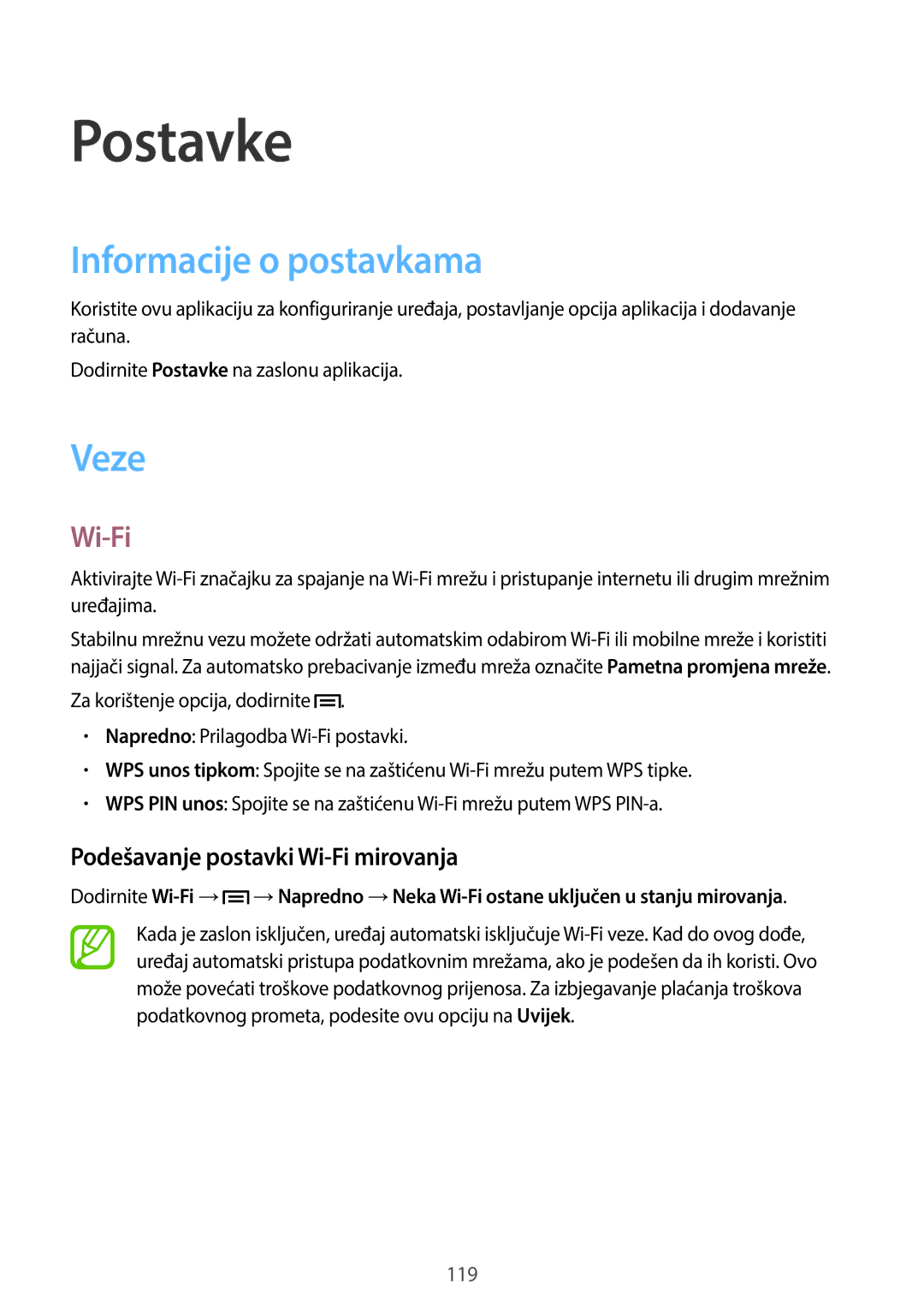 Samsung GT-N7100TADTRA, GT-N7100TADVIP manual Informacije o postavkama, Veze, Podešavanje postavki Wi-Fi mirovanja 