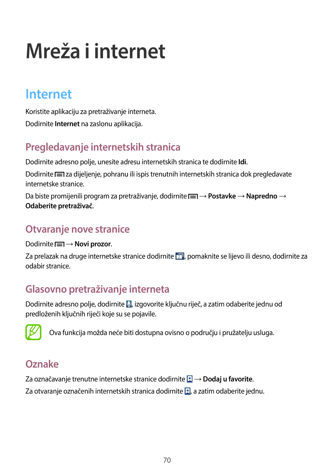 Samsung GT-N7100RWDTWO, GT-N7100TADVIP manual Internet, Pregledavanje internetskih stranica, Otvaranje nove stranice, Oznake 