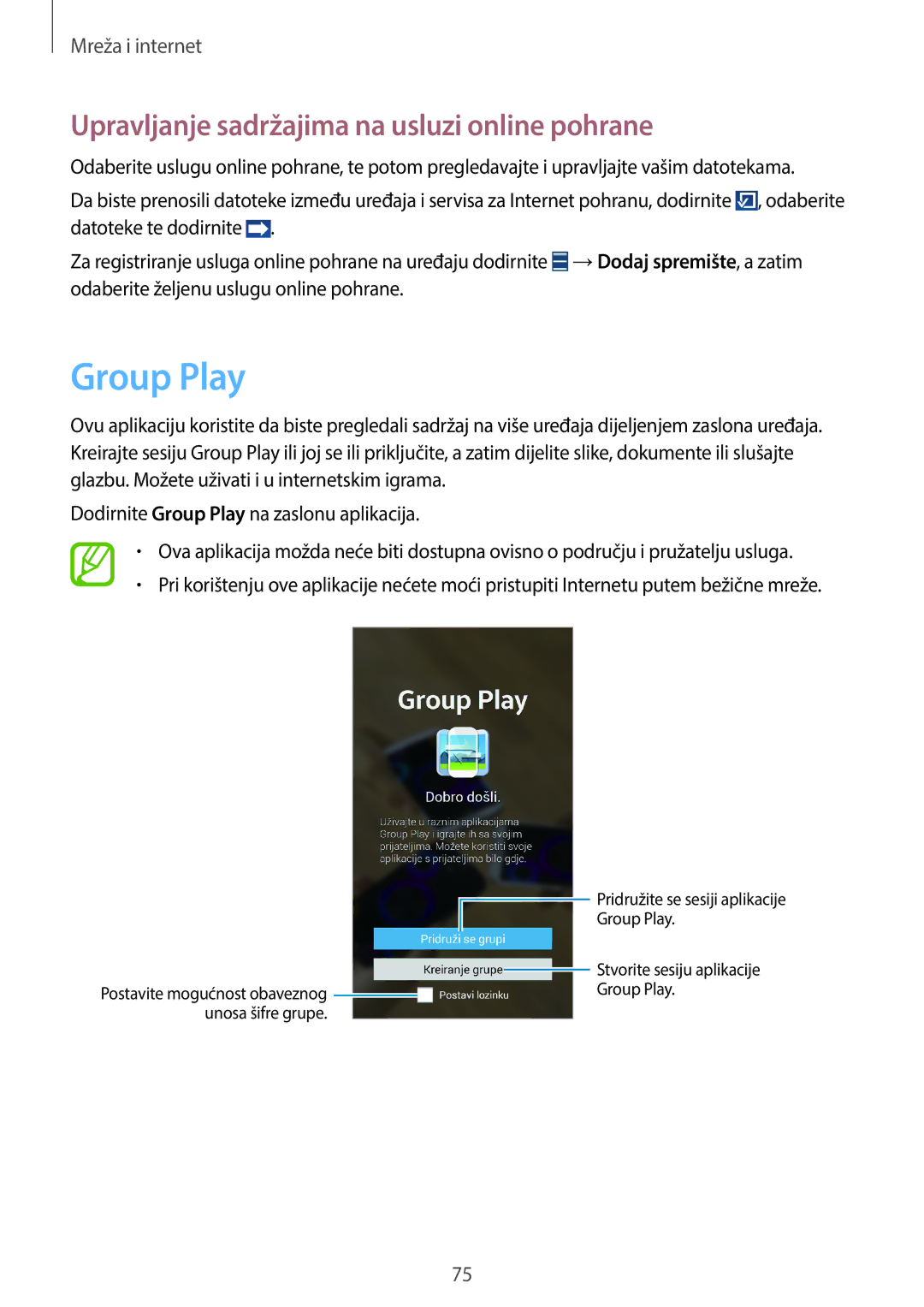Samsung GT-N7100VSDCRO, GT-N7100TADVIP, GT2N7100TADVIP manual Group Play, Upravljanje sadržajima na usluzi online pohrane 