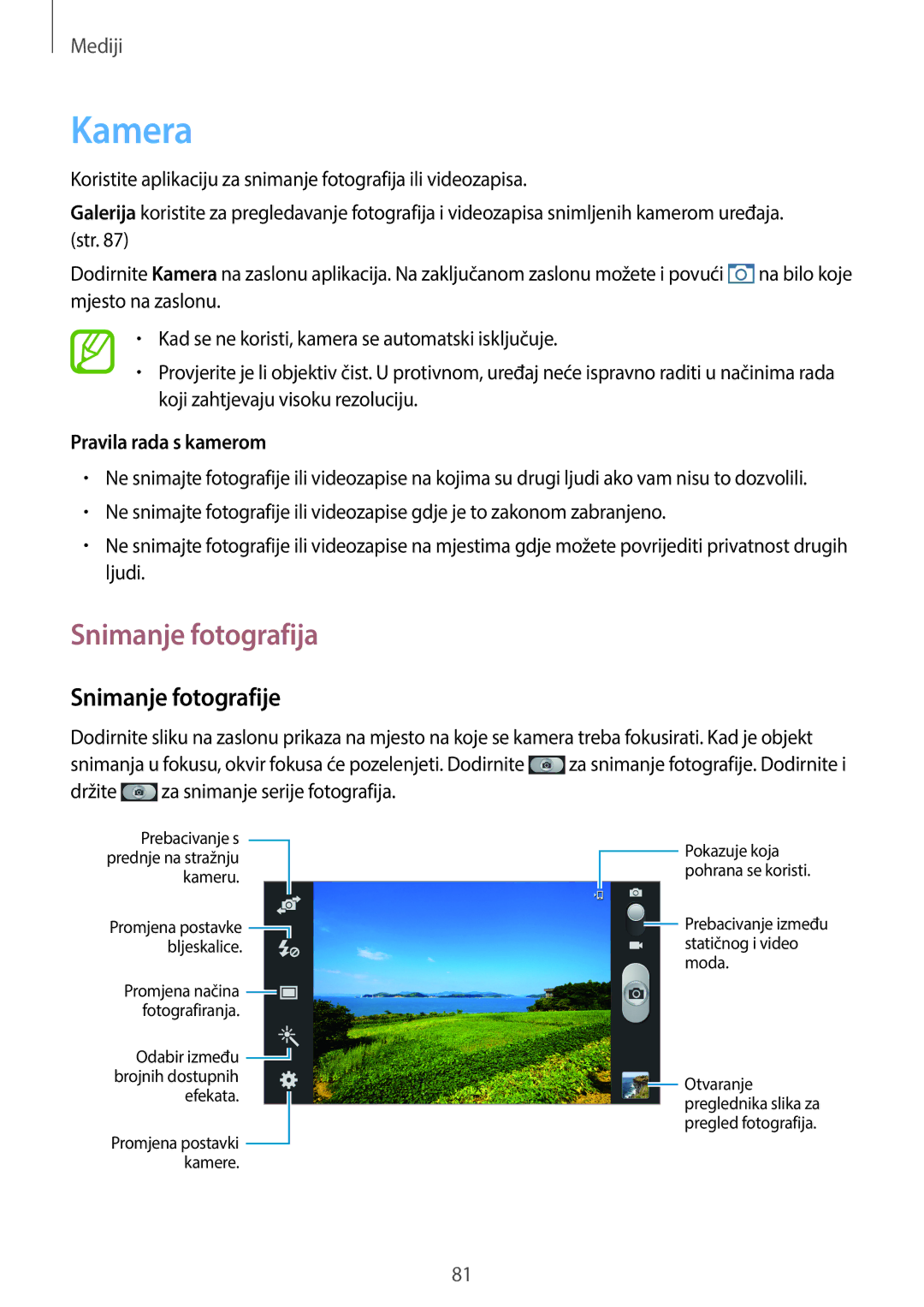 Samsung GT2N7100TADVIP, GT-N7100TADVIP manual Kamera, Snimanje fotografija, Snimanje fotografije, Pravila rada s kamerom 