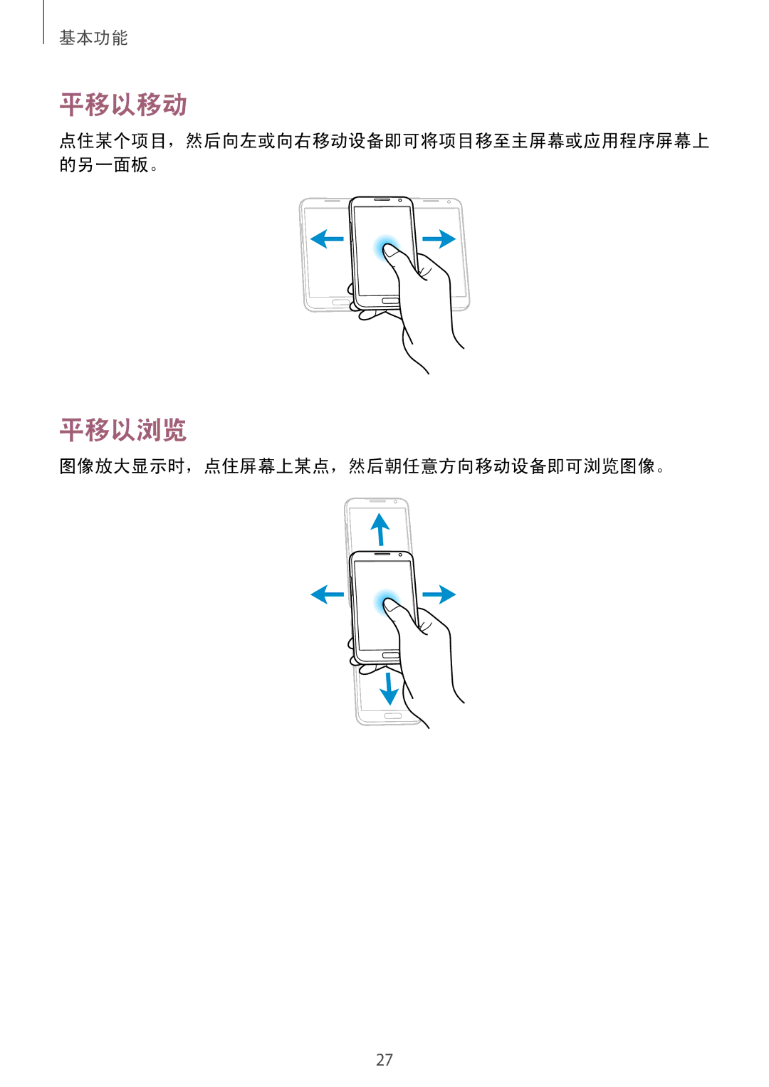 Samsung GT-N7100ZIDXXV, GT-N7100TADXXV, GT-N7100RWXXEV, GT-N7100TAXXEV manual 平移以移动, 平移以浏览, 图像放大显示时，点住屏幕上某点，然后朝任意方向移动设备即可浏览图像。 