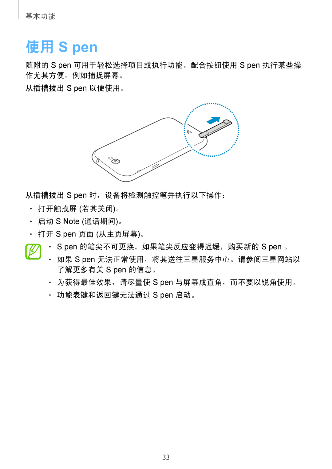 Samsung GT-N7100TAXXEV, GT-N7100TADXXV, GT-N7100RWXXEV 使用 S pen, 打开 S pen 页面 从主页屏幕。 Pen 的笔尖不可更换。如果笔尖反应变得迟缓，购买新的 S pen 。 