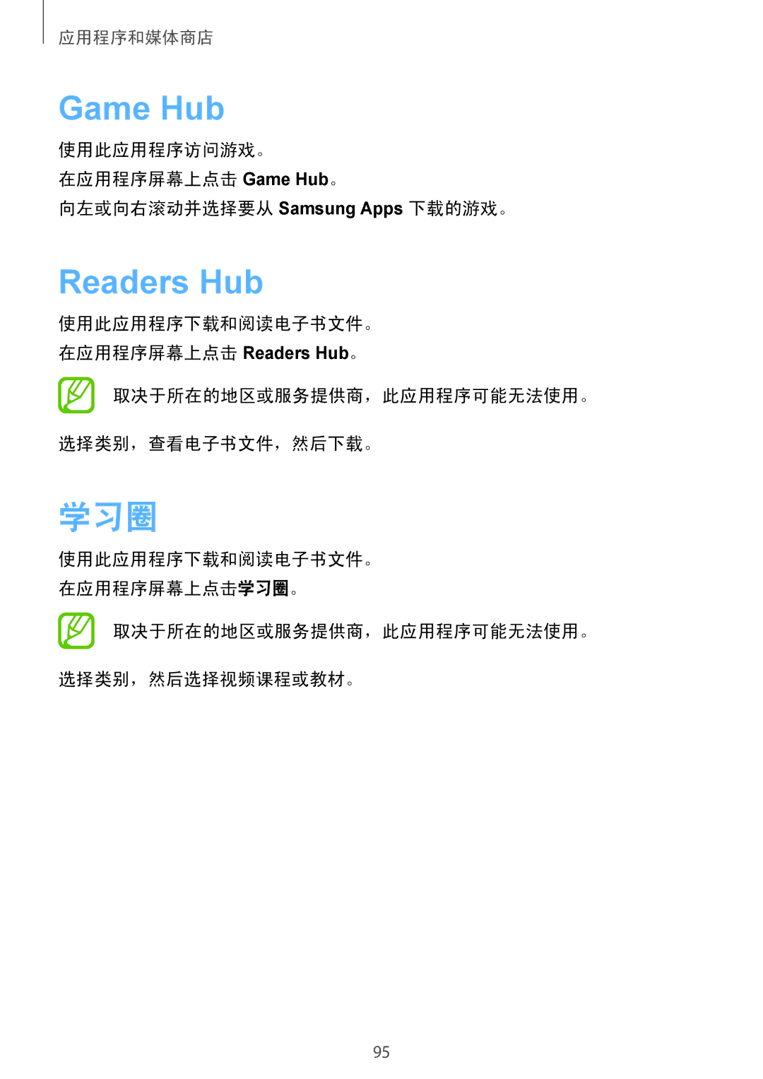 Samsung GT-N7100TADXXV, GT-N7100RWXXEV manual Game Hub, Readers Hub, 学习圈, 取决于所在的地区或服务提供商，此应用程序可能无法使用。 选择类别，查看电子书文件，然后下载。 