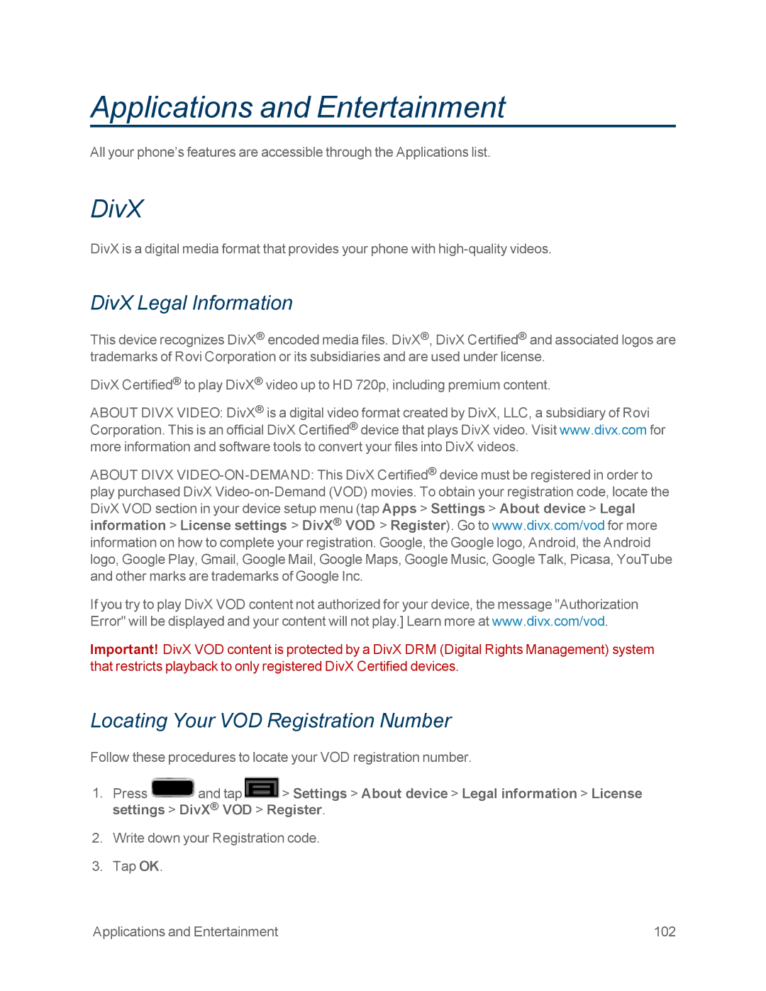 Samsung GT-N7100GRY, GT-N7100WHT manual DivX Legal Information, Locating Your VOD Registration Number 