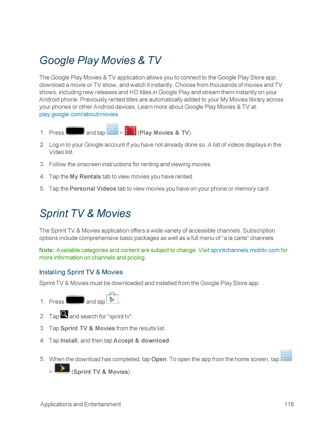 Samsung GT-N7100GRY, GT-N7100WHT manual Google Play Movies & TV, Installing Sprint TV & Movies 