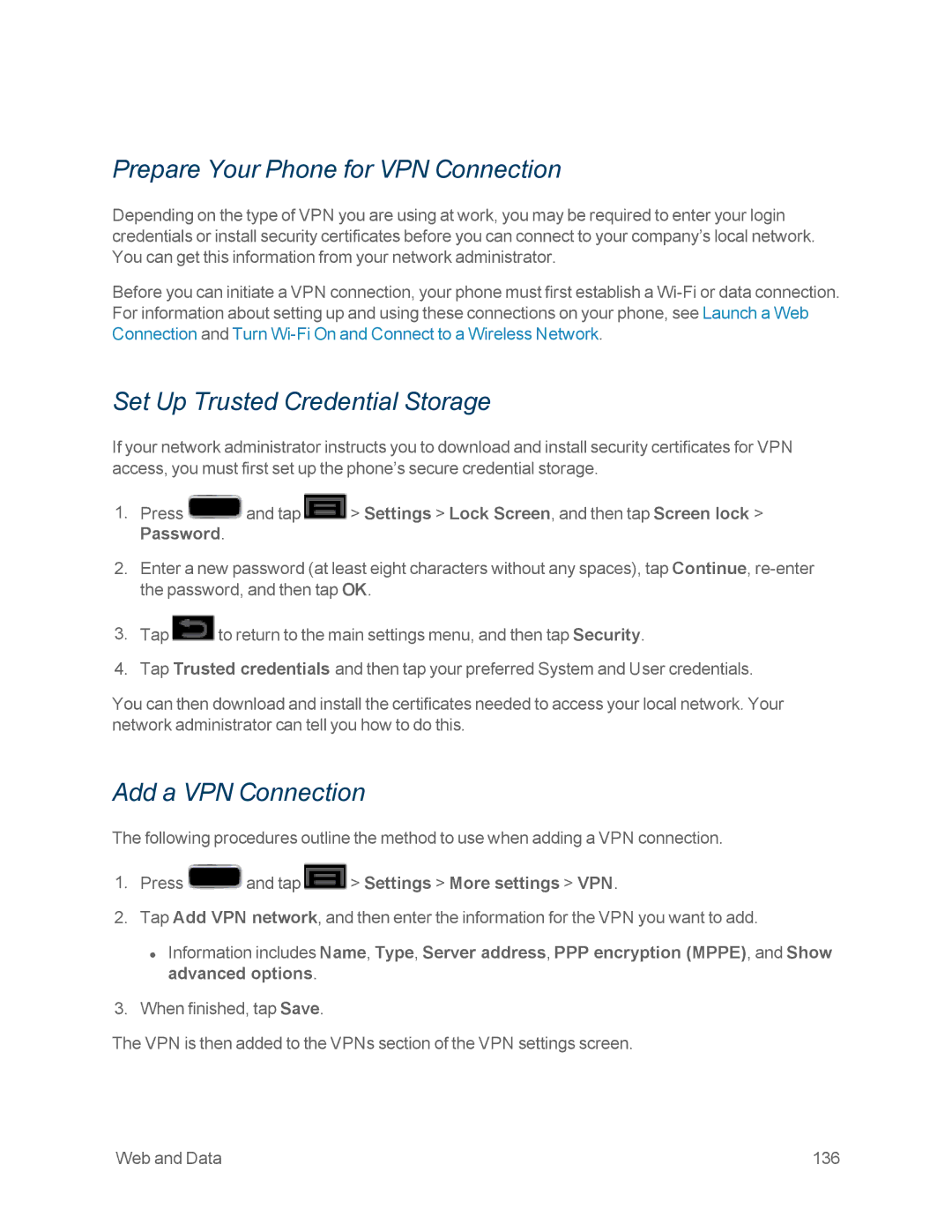 Samsung GT-N7100GRY manual Prepare Your Phone for VPN Connection, Set Up Trusted Credential Storage, Add a VPN Connection 