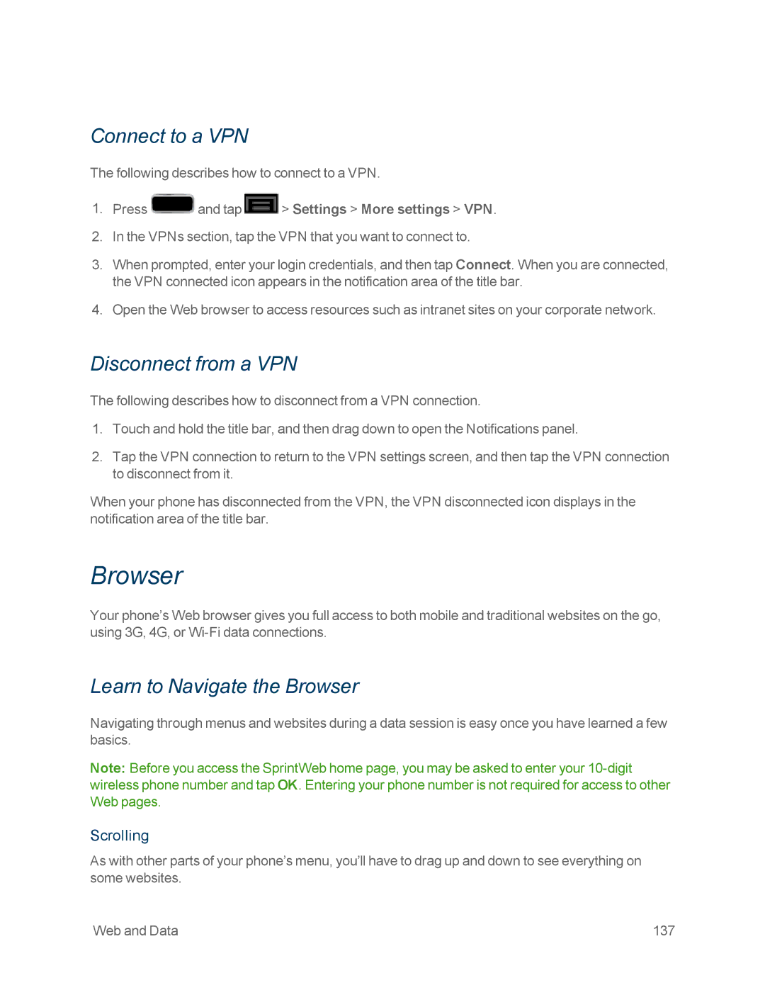 Samsung GT-N7100WHT, GT-N7100GRY Connect to a VPN, Disconnect from a VPN, Learn to Navigate the Browser, Scrolling 