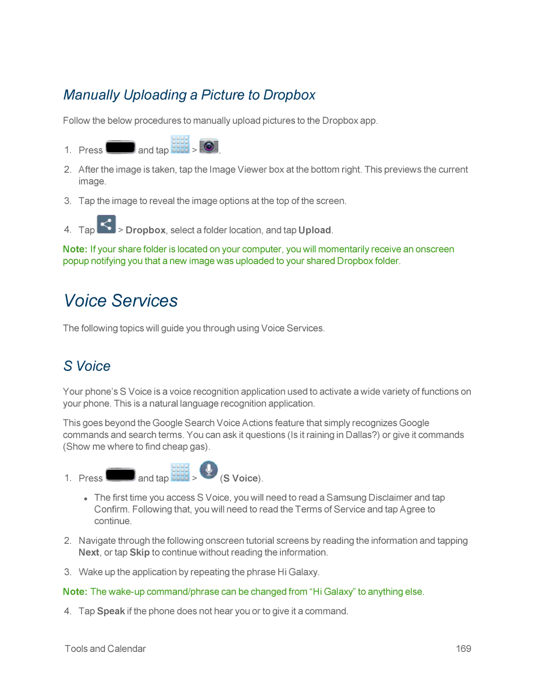 Samsung GT-N7100WHT, GT-N7100GRY manual Voice Services, Manually Uploading a Picture to Dropbox 