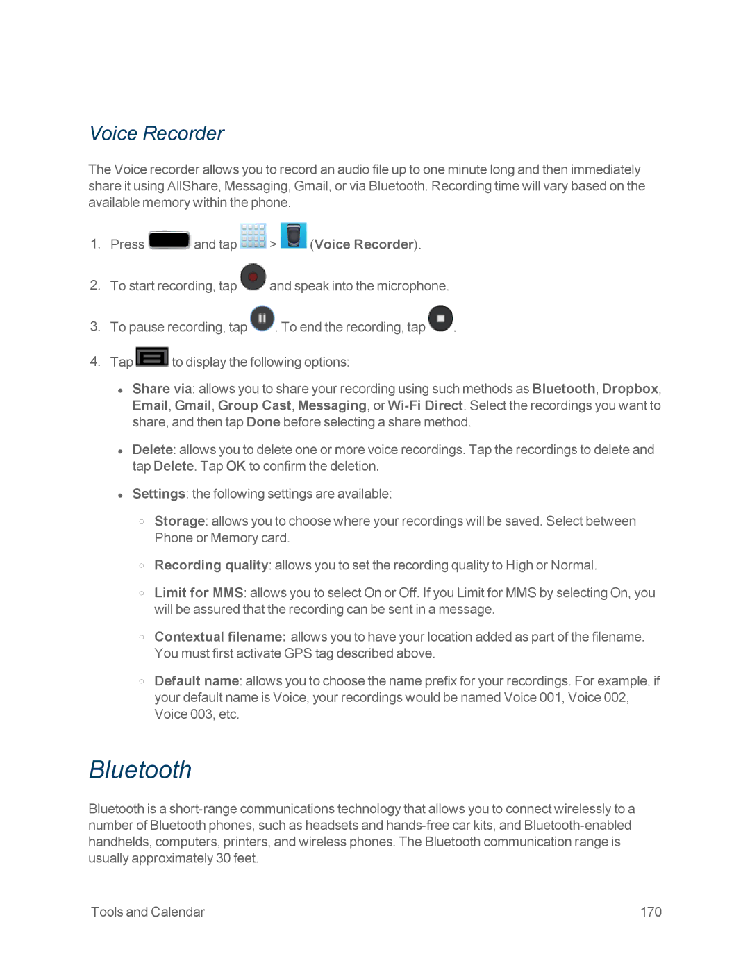 Samsung GT-N7100GRY, GT-N7100WHT manual Bluetooth, Voice Recorder 