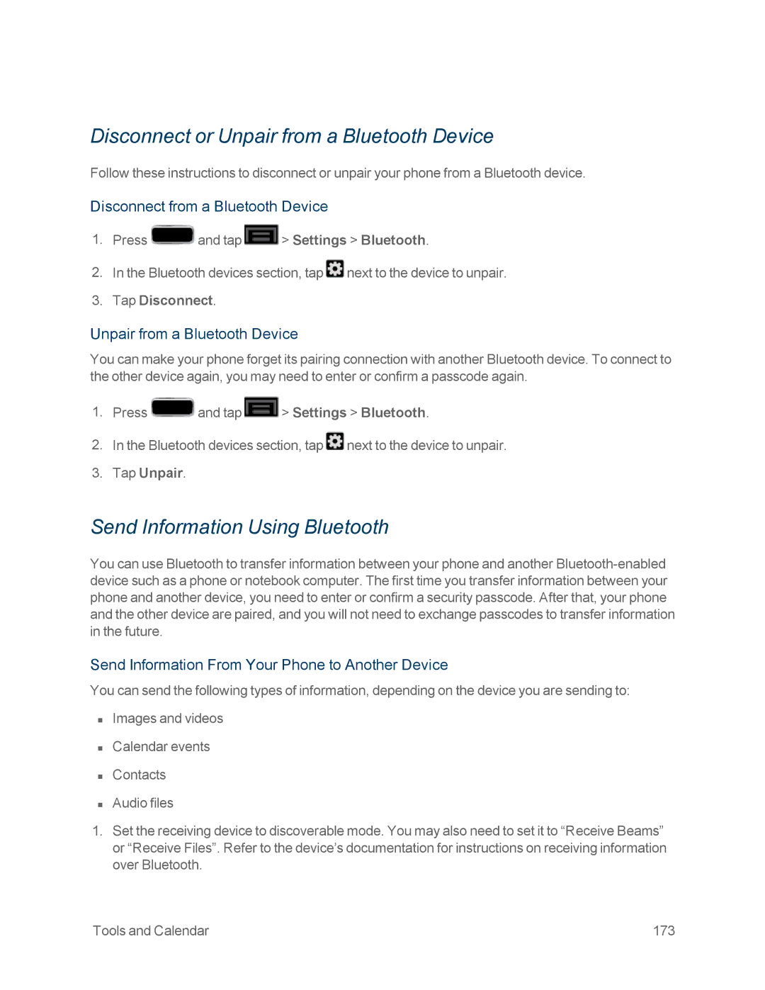 Samsung GT-N7100WHT, GT-N7100GRY manual Disconnect or Unpair from a Bluetooth Device, Send Information Using Bluetooth 