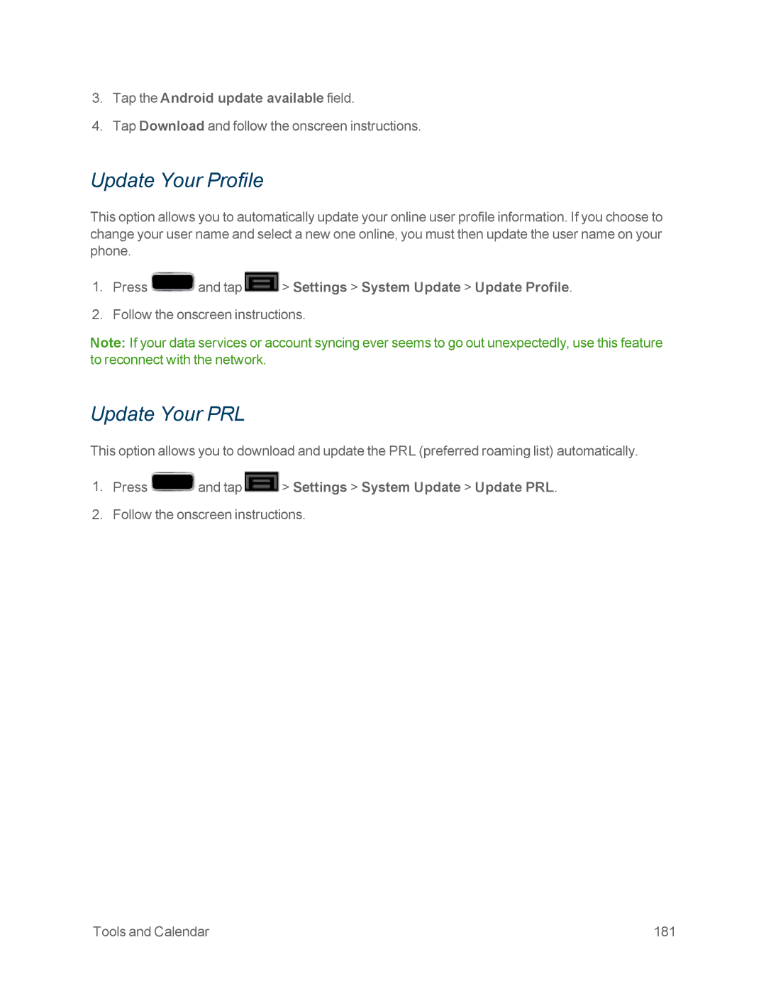Samsung GT-N7100WHT, GT-N7100GRY manual Update Your Profile, Update Your PRL, Tap the Android update available field 