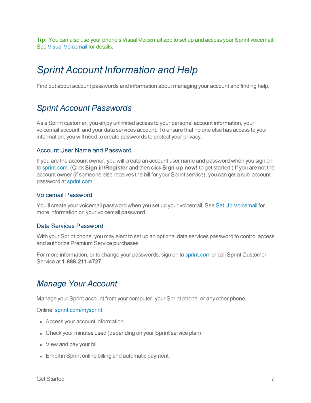 Samsung GT-N7100WHT, GT-N7100GRY manual Sprint Account Information and Help, Sprint Account Passwords, Manage Your Account 