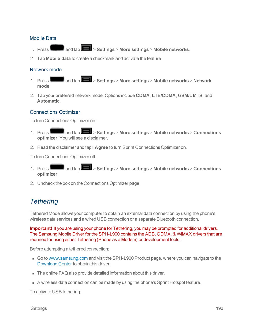 Samsung GT-N7100WHT, GT-N7100GRY manual Tethering, Mobile Data, Network mode, Connections Optimizer 