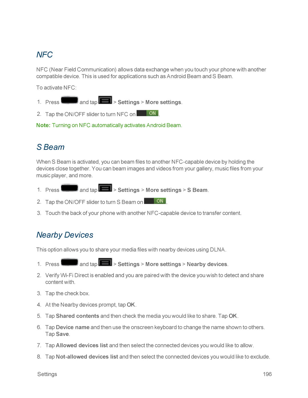 Samsung GT-N7100GRY, GT-N7100WHT manual Nearby Devices, Press and tap Settings More settings S Beam 