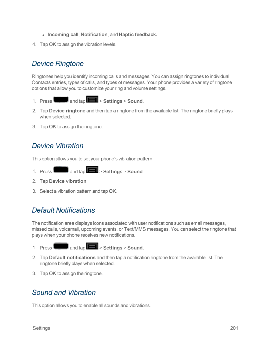 Samsung GT-N7100WHT, GT-N7100GRY manual Device Ringtone, Device Vibration, Default Notifications, Sound and Vibration 