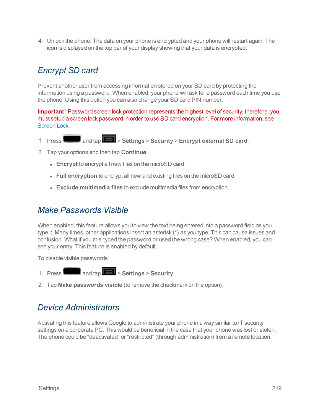 Samsung GT-N7100WHT, GT-N7100GRY manual Encrypt SD card, Make Passwords Visible, Device Administrators 