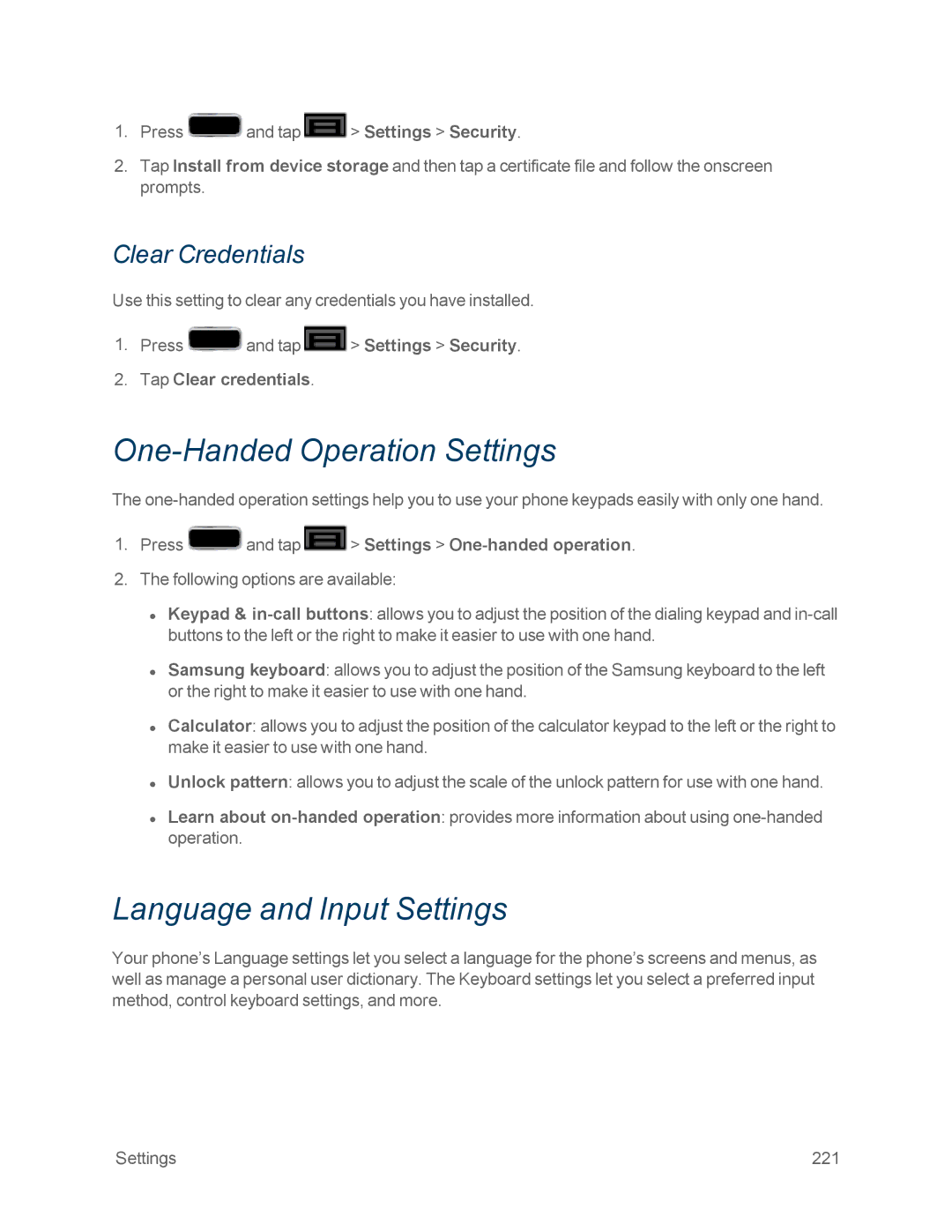 Samsung GT-N7100WHT One-Handed Operation Settings, Language and Input Settings, Clear Credentials, Tap Clear credentials 