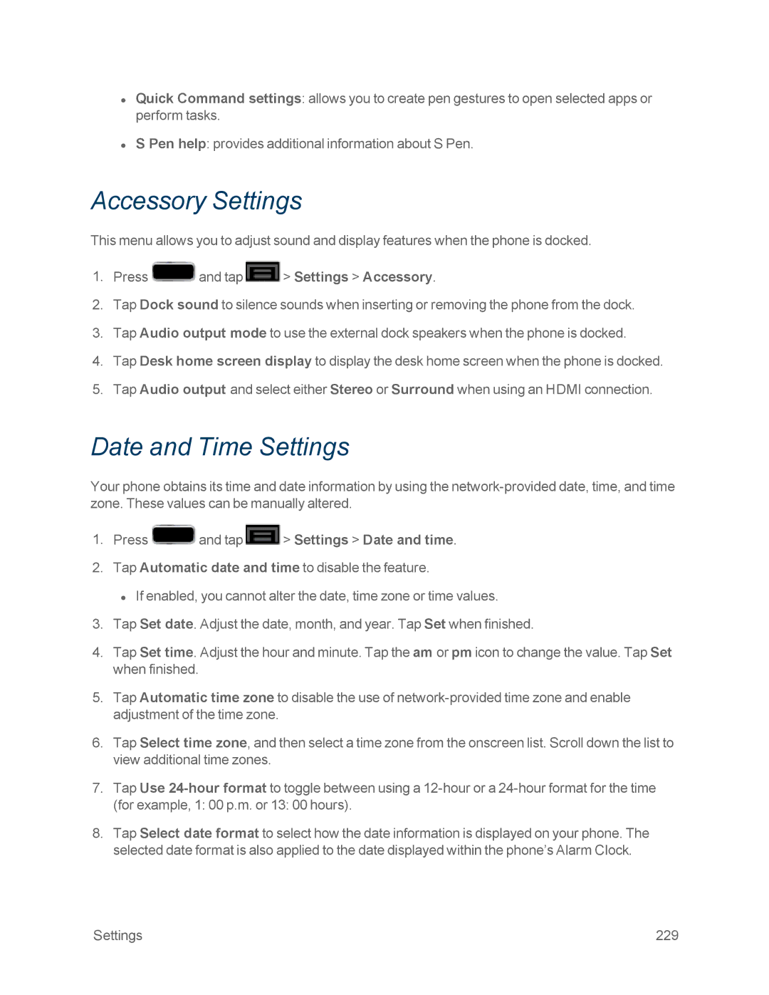 Samsung GT-N7100WHT, GT-N7100GRY manual Accessory Settings, Date and Time Settings, Press and tap Settings Date and time 