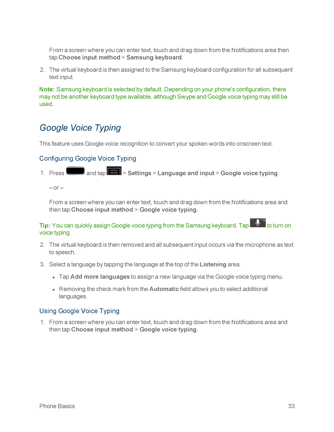 Samsung GT-N7100WHT, GT-N7100GRY manual Configuring Google Voice Typing, Using Google Voice Typing 