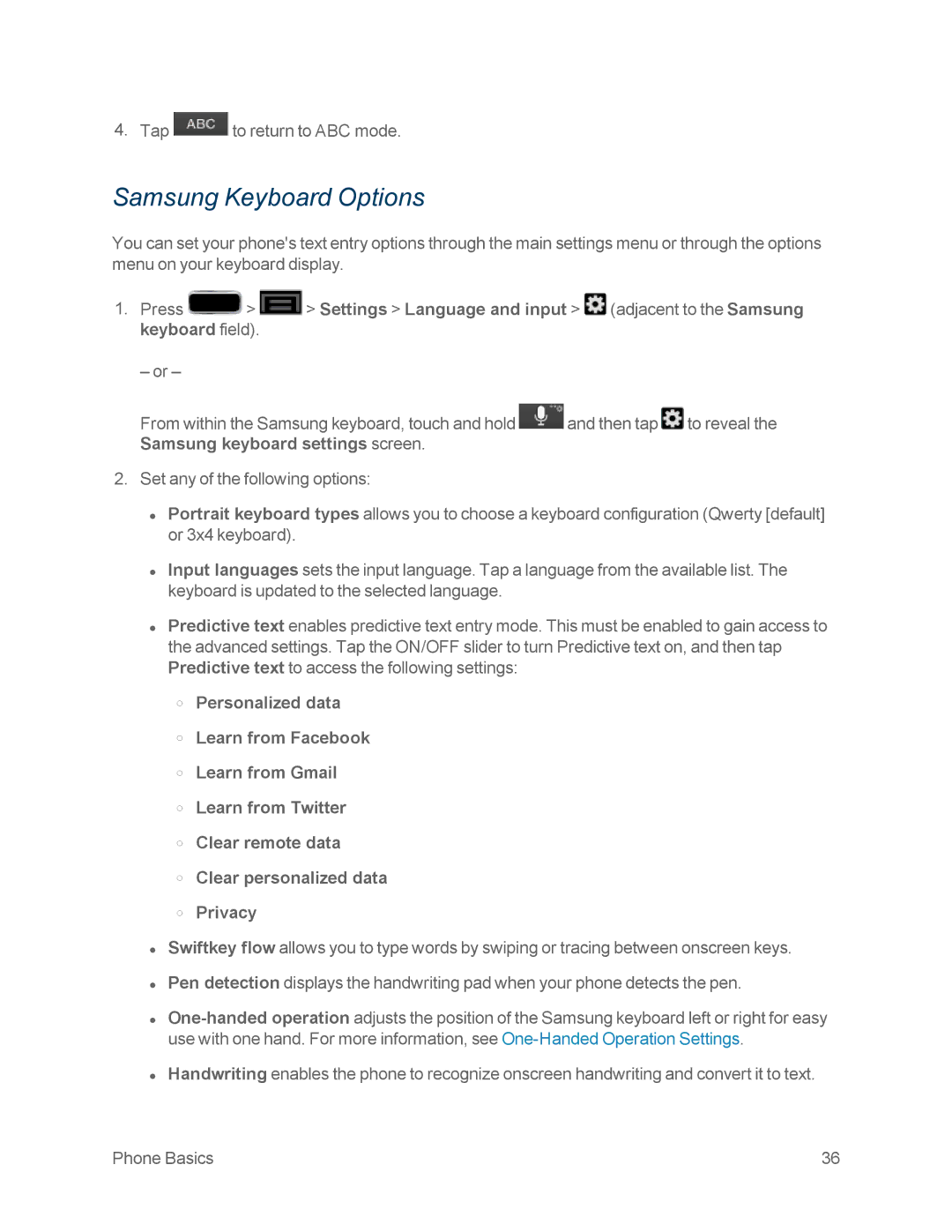 Samsung GT-N7100GRY, GT-N7100WHT manual Samsung Keyboard Options 