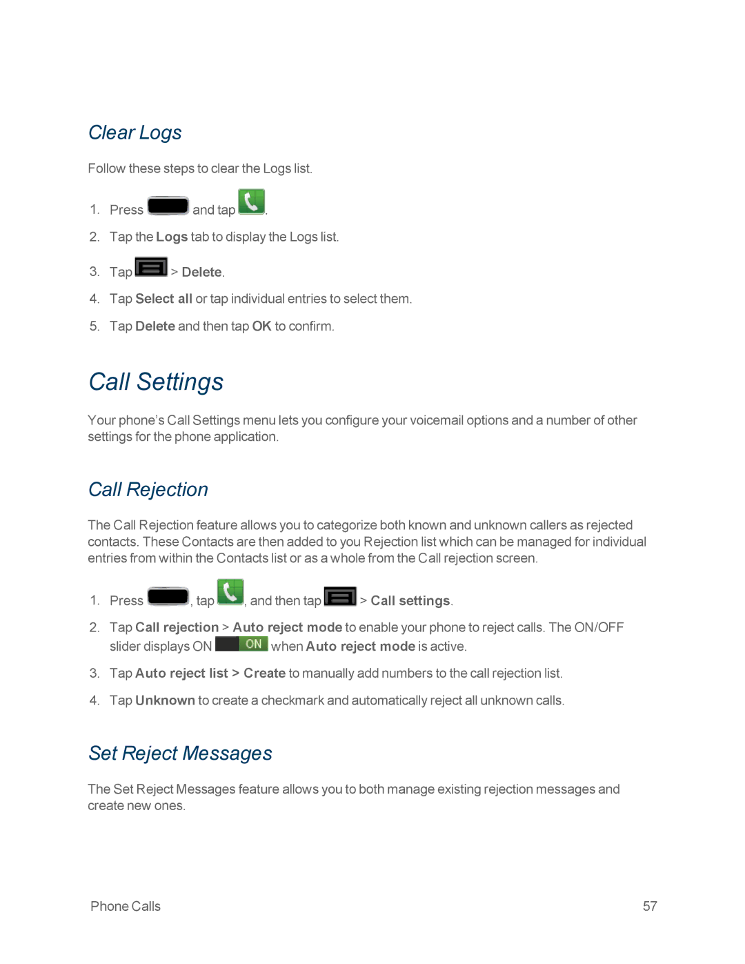 Samsung GT-N7100WHT, GT-N7100GRY manual Call Settings, Clear Logs, Call Rejection, Set Reject Messages 