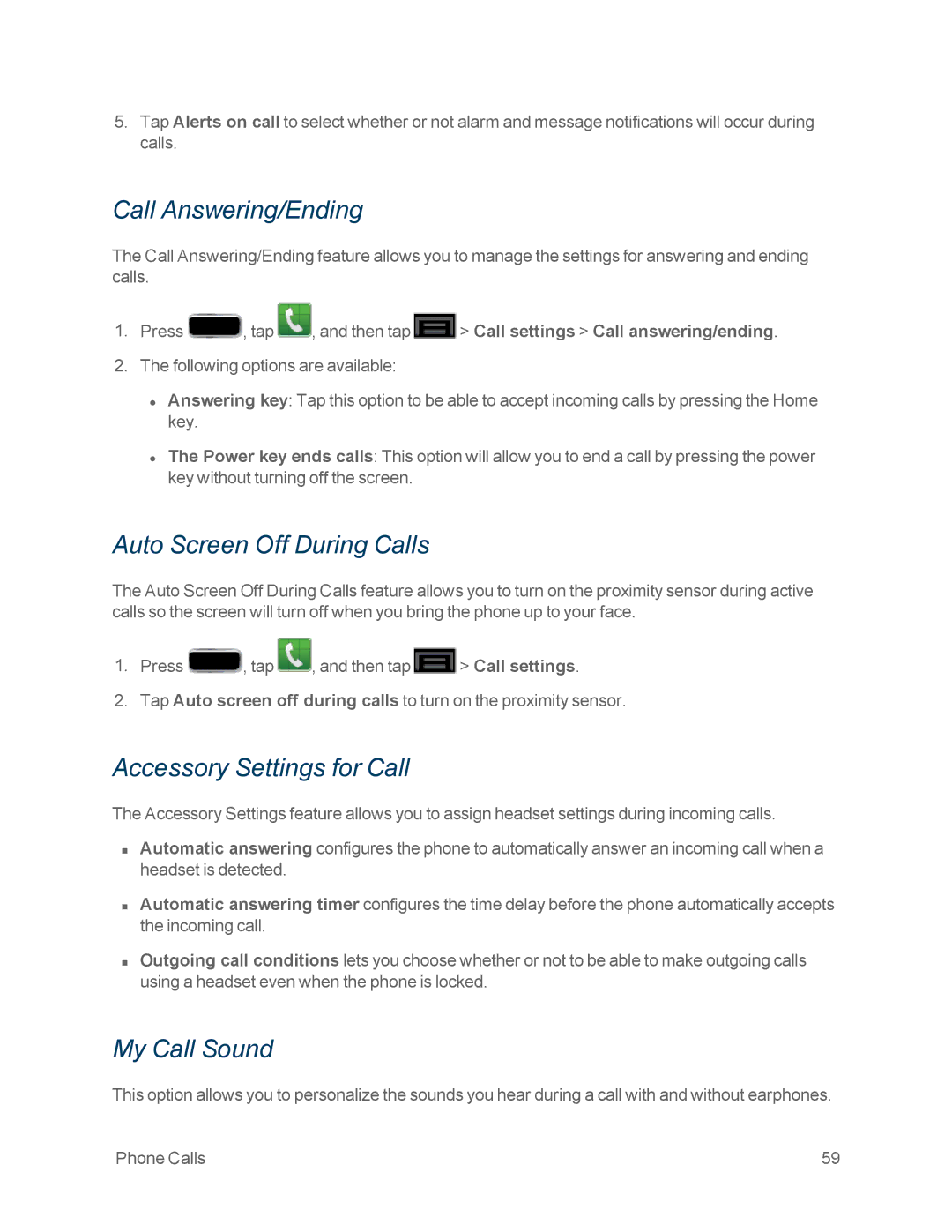 Samsung GT-N7100WHT manual Call Answering/Ending, Auto Screen Off During Calls, Accessory Settings for Call, My Call Sound 