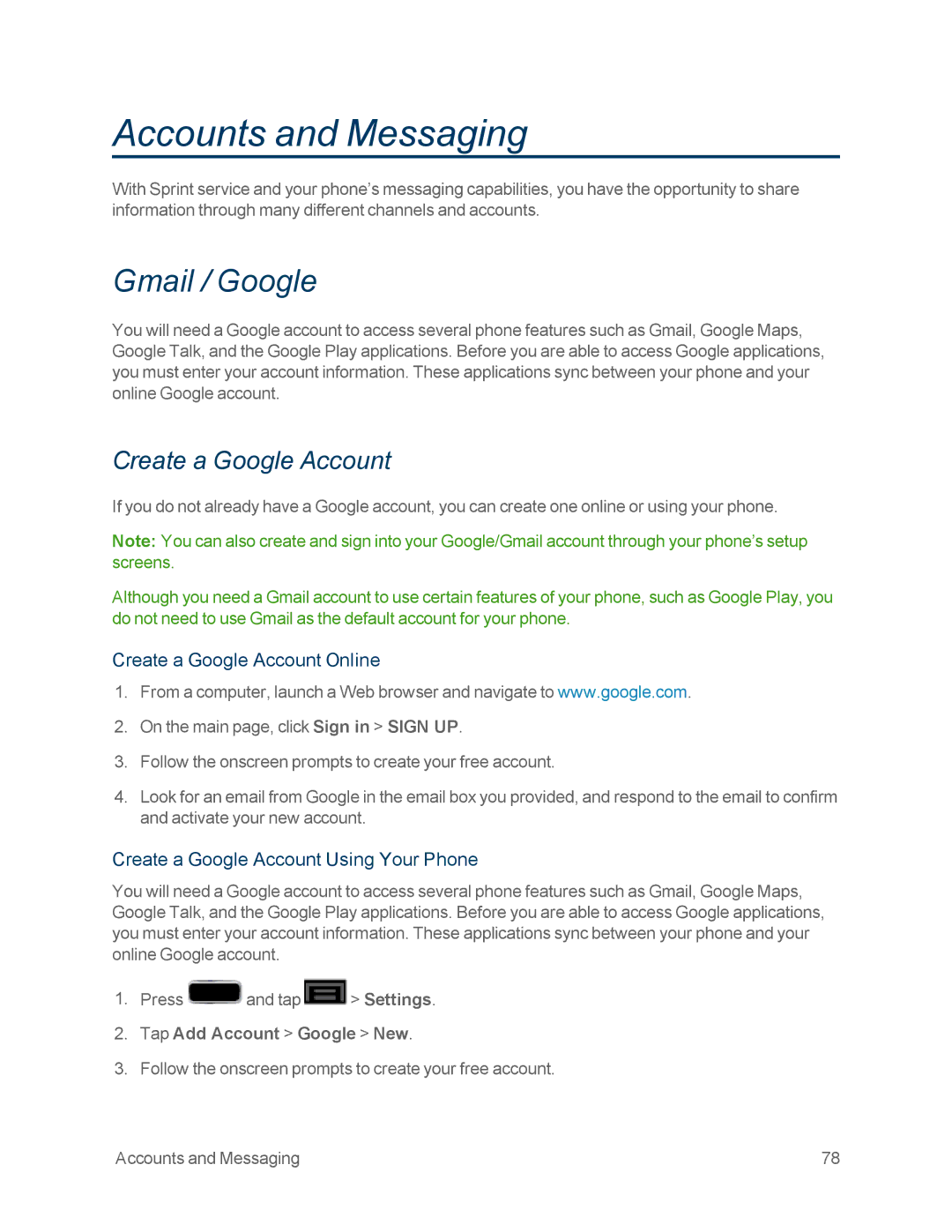 Samsung GT-N7100GRY manual Gmail / Google, Create a Google Account Online, Create a Google Account Using Your Phone 