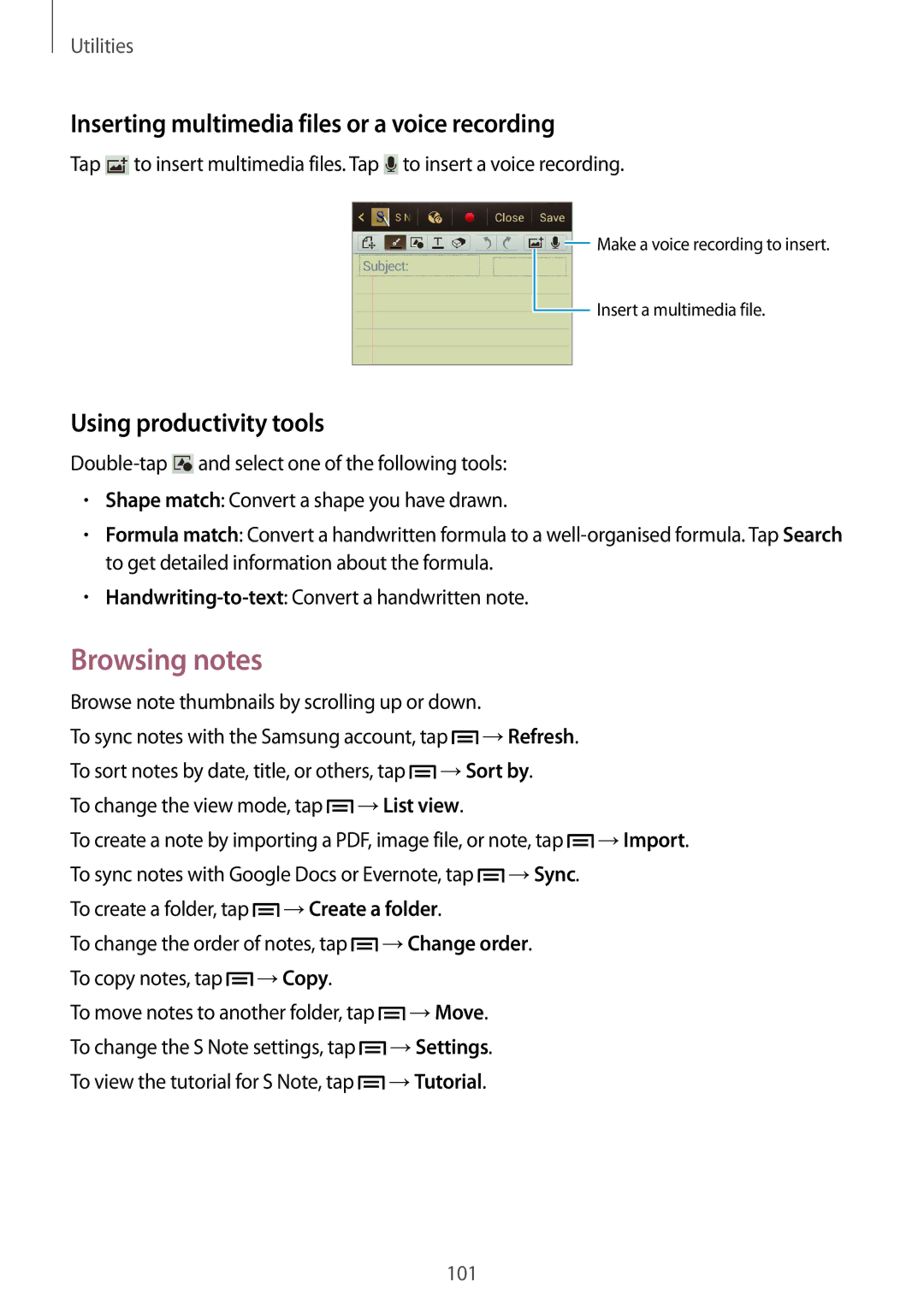 Samsung GT2N7100RWDMTL manual Browsing notes, Inserting multimedia files or a voice recording, Using productivity tools 