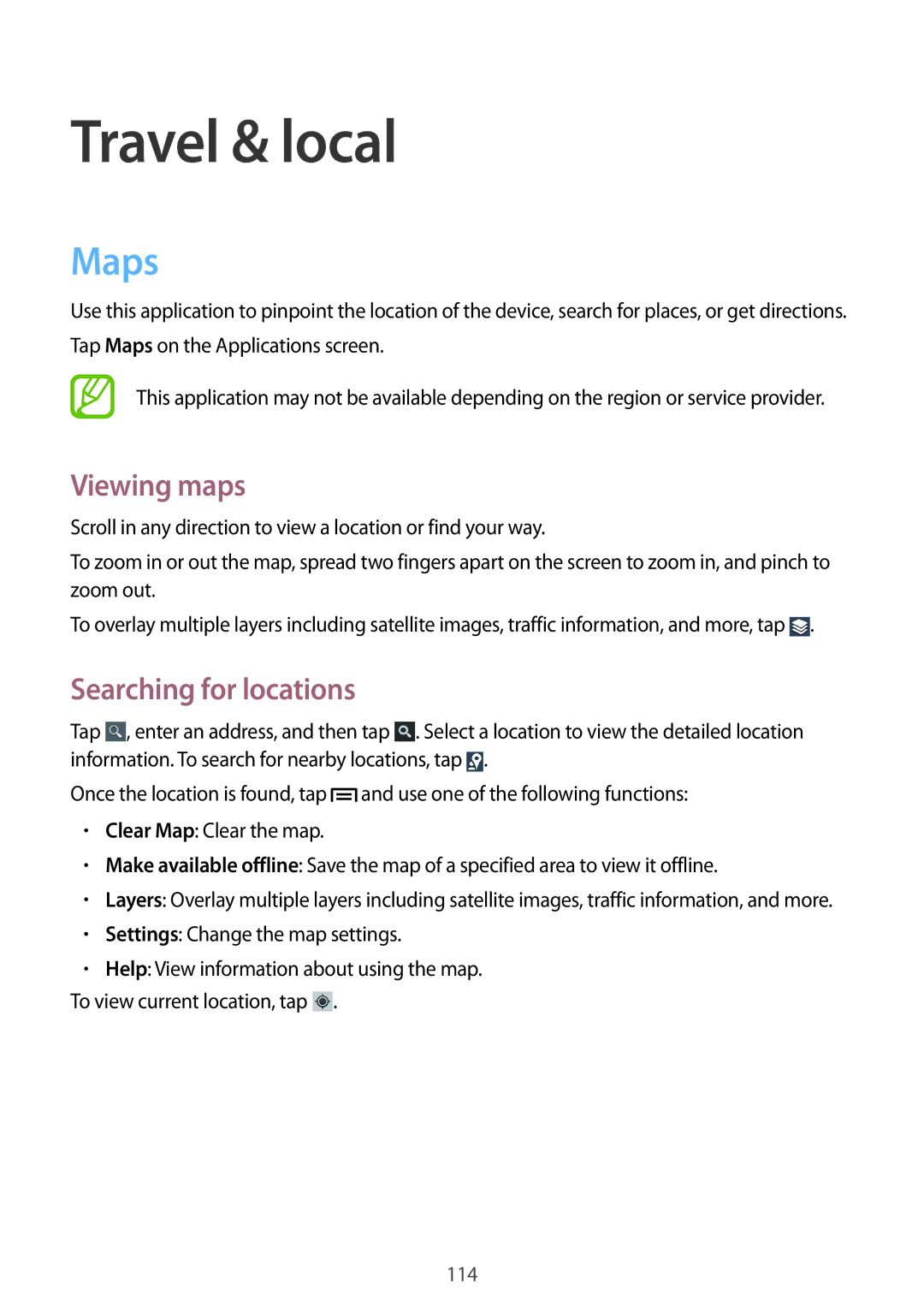 Samsung GT-N7100TADTWO, GT-N7100ZNDTUR, GT-N7100ZBDTUR manual Travel & local, Maps, Viewing maps, Searching for locations 