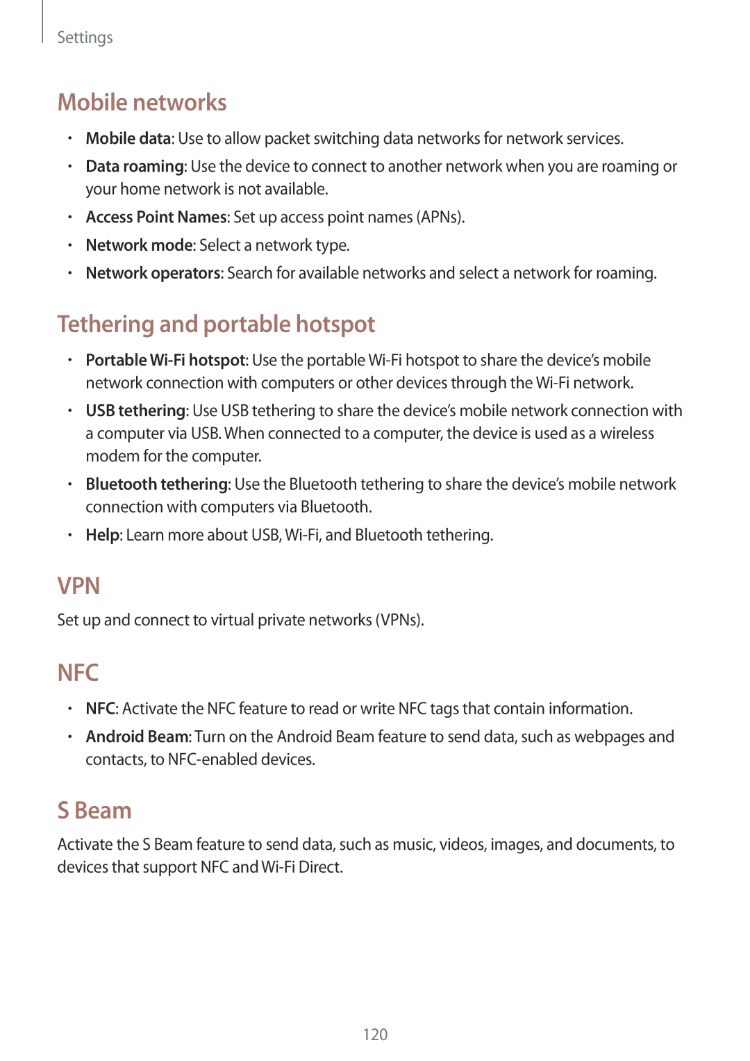 Samsung GT-N7100VSDTWO, GT-N7100ZNDTUR, GT-N7100ZBDTUR, GT-N7100TAXDBT Mobile networks, Tethering and portable hotspot, Beam 