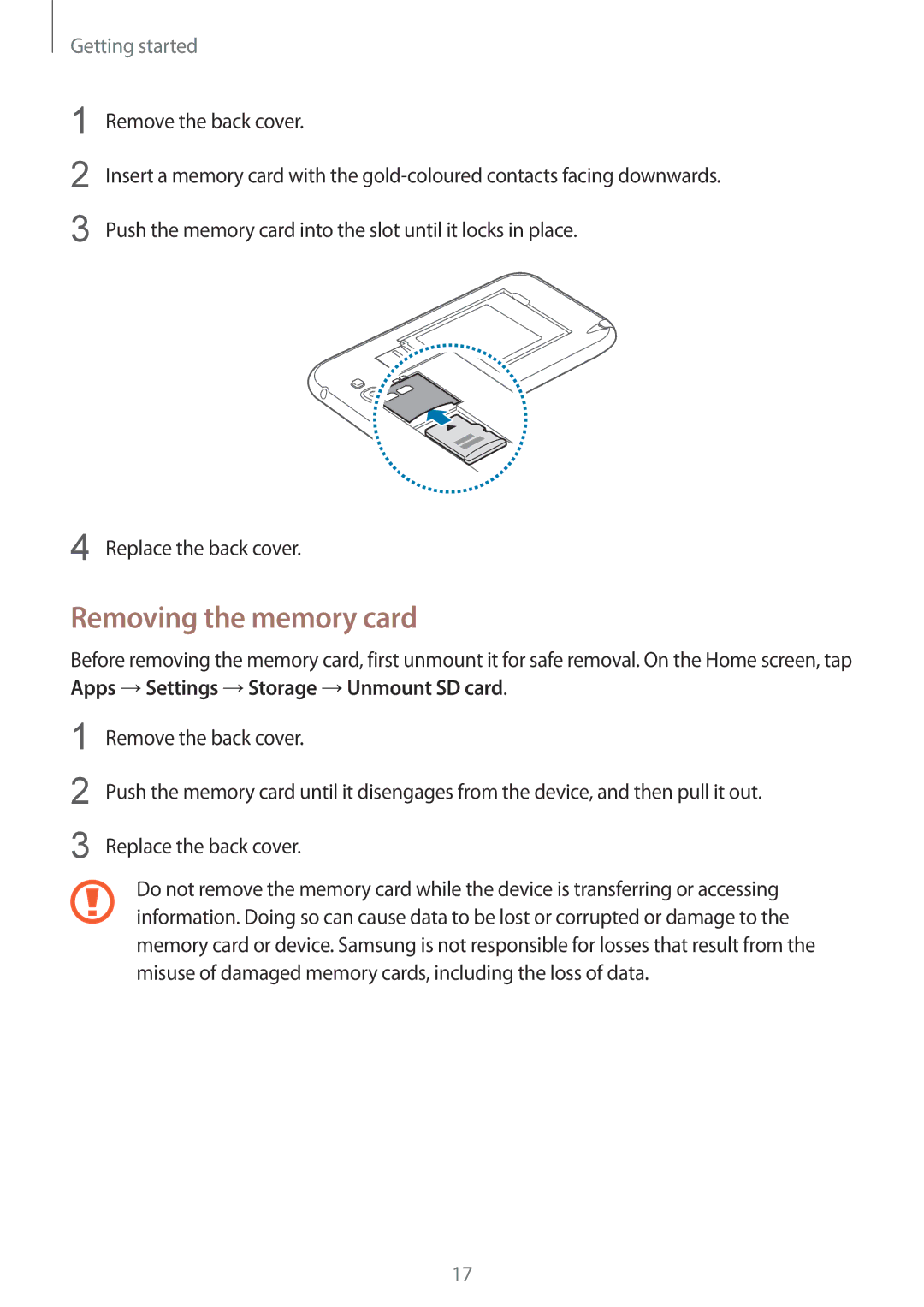 Samsung GT-N7100VSDDBT, GT-N7100ZNDTUR, GT-N7100ZBDTUR, GT-N7100TAXDBT, GT-N7100RWDXEO manual Removing the memory card 