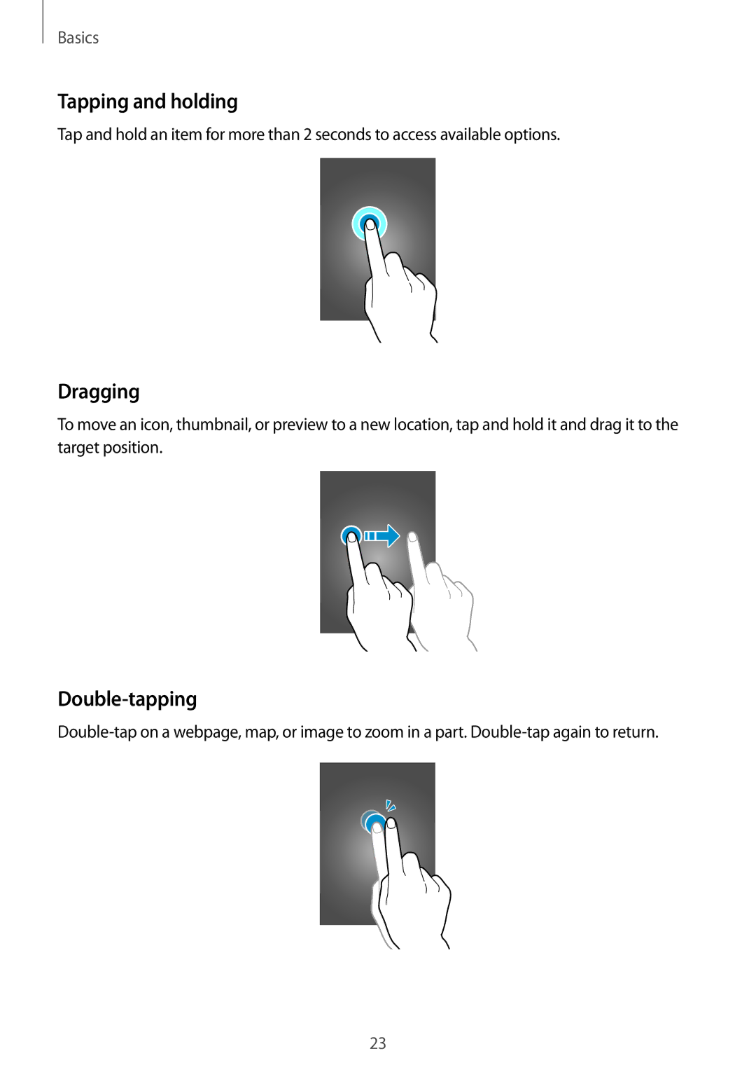 Samsung GT-N7100RWDDTM, GT-N7100ZNDTUR, GT-N7100ZBDTUR, GT-N7100TAXDBT manual Tapping and holding, Dragging, Double-tapping 