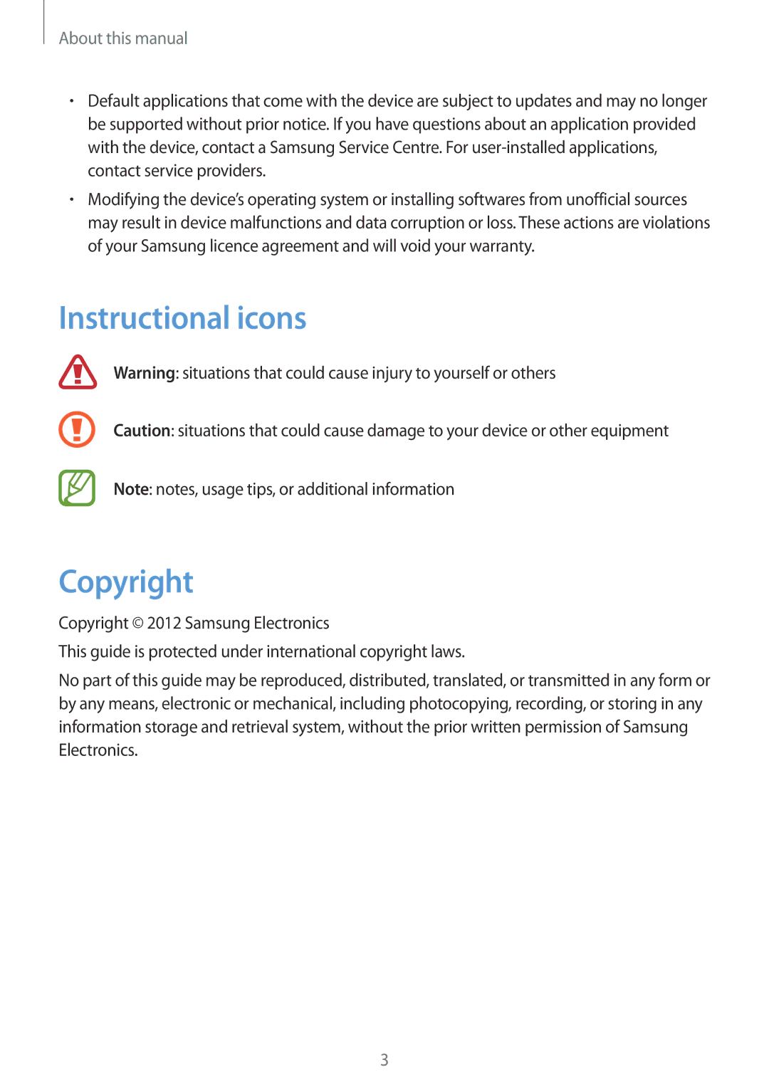 Samsung GT-N7100RWDXEO, GT-N7100ZNDTUR, GT-N7100ZBDTUR, GT-N7100TAXDBT Instructional icons Copyright, About this manual 