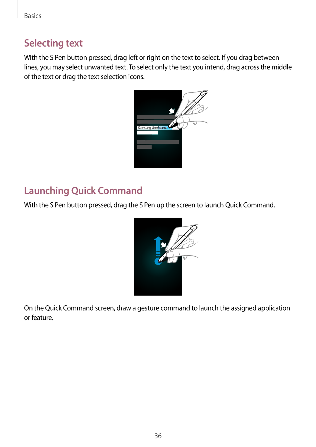 Samsung GT-N7100RWDSFR, GT-N7100ZNDTUR, GT-N7100ZBDTUR, GT-N7100TAXDBT manual Selecting text, Launching Quick Command 