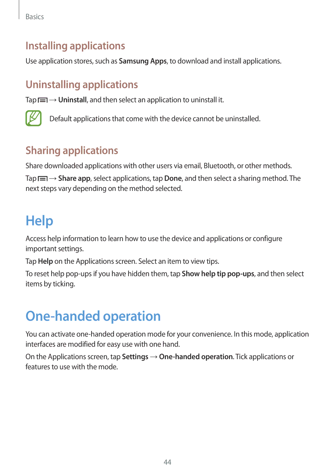 Samsung GT-N7100VSDFTM, GT-N7100ZNDTUR manual Help, One-handed operation, Installing applications, Uninstalling applications 