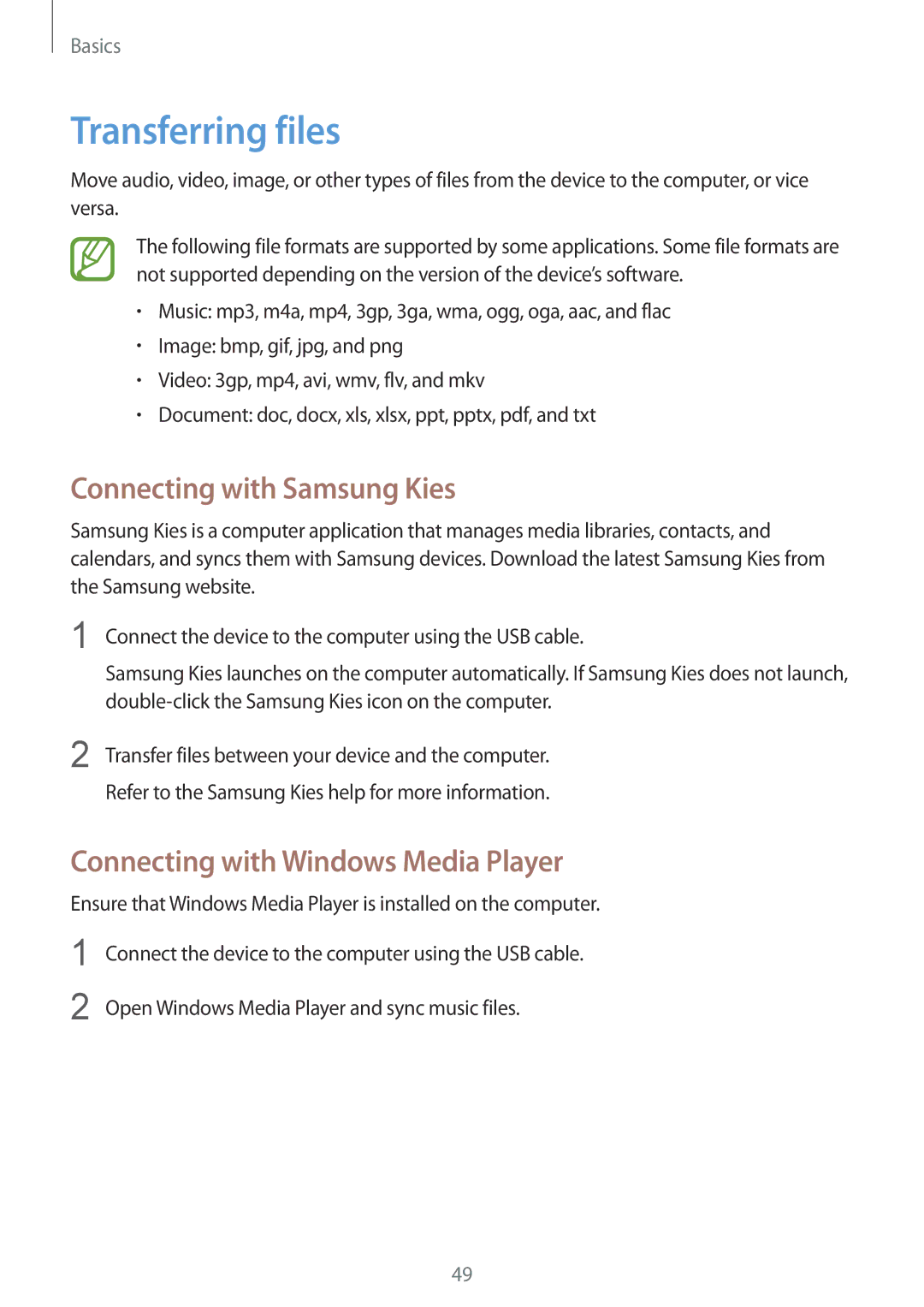 Samsung GT-N7100RWAFTM manual Transferring files, Connecting with Samsung Kies, Connecting with Windows Media Player 