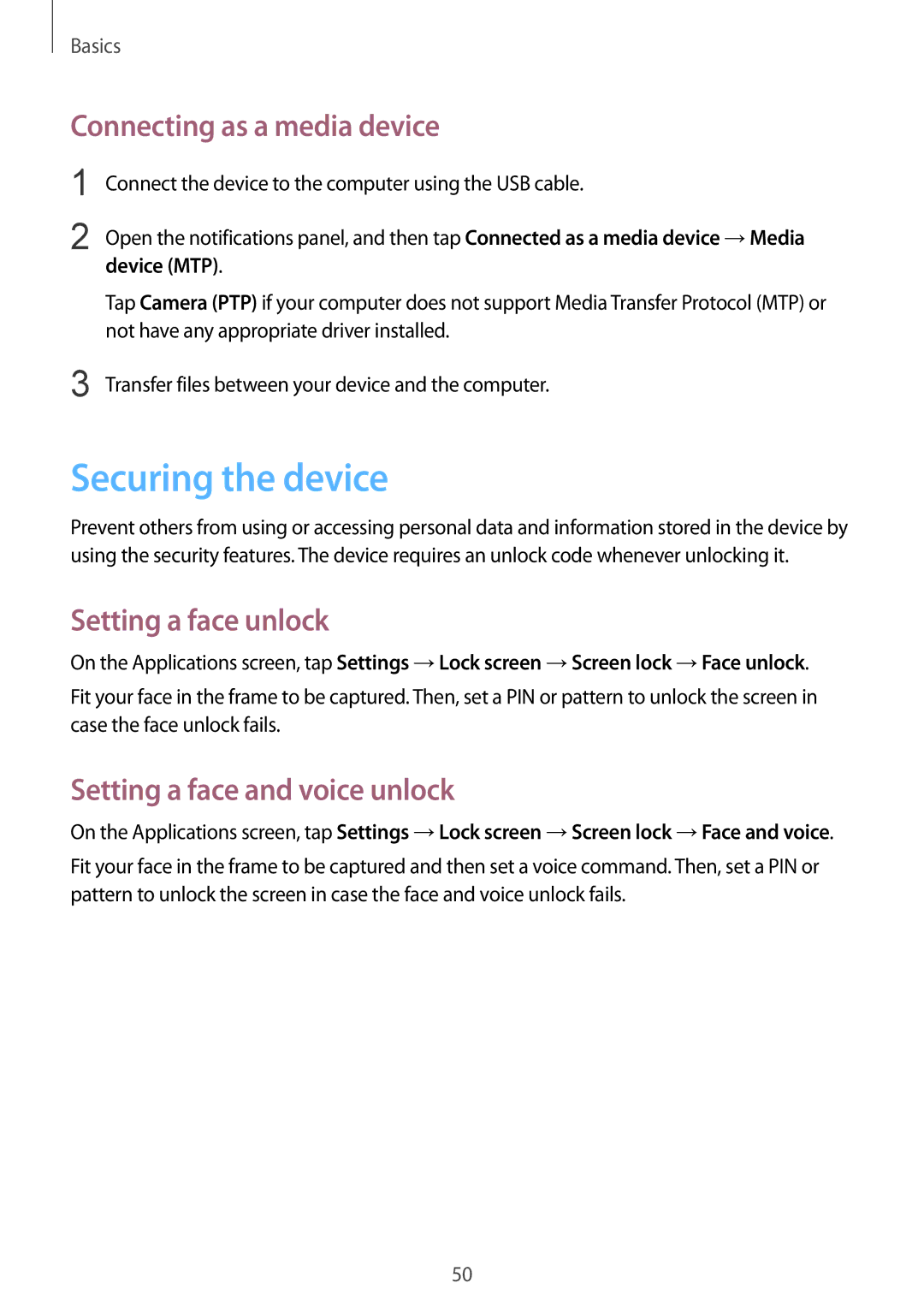 Samsung GT-N7100TAXXEF manual Securing the device, Connecting as a media device, Setting a face unlock, Device MTP 