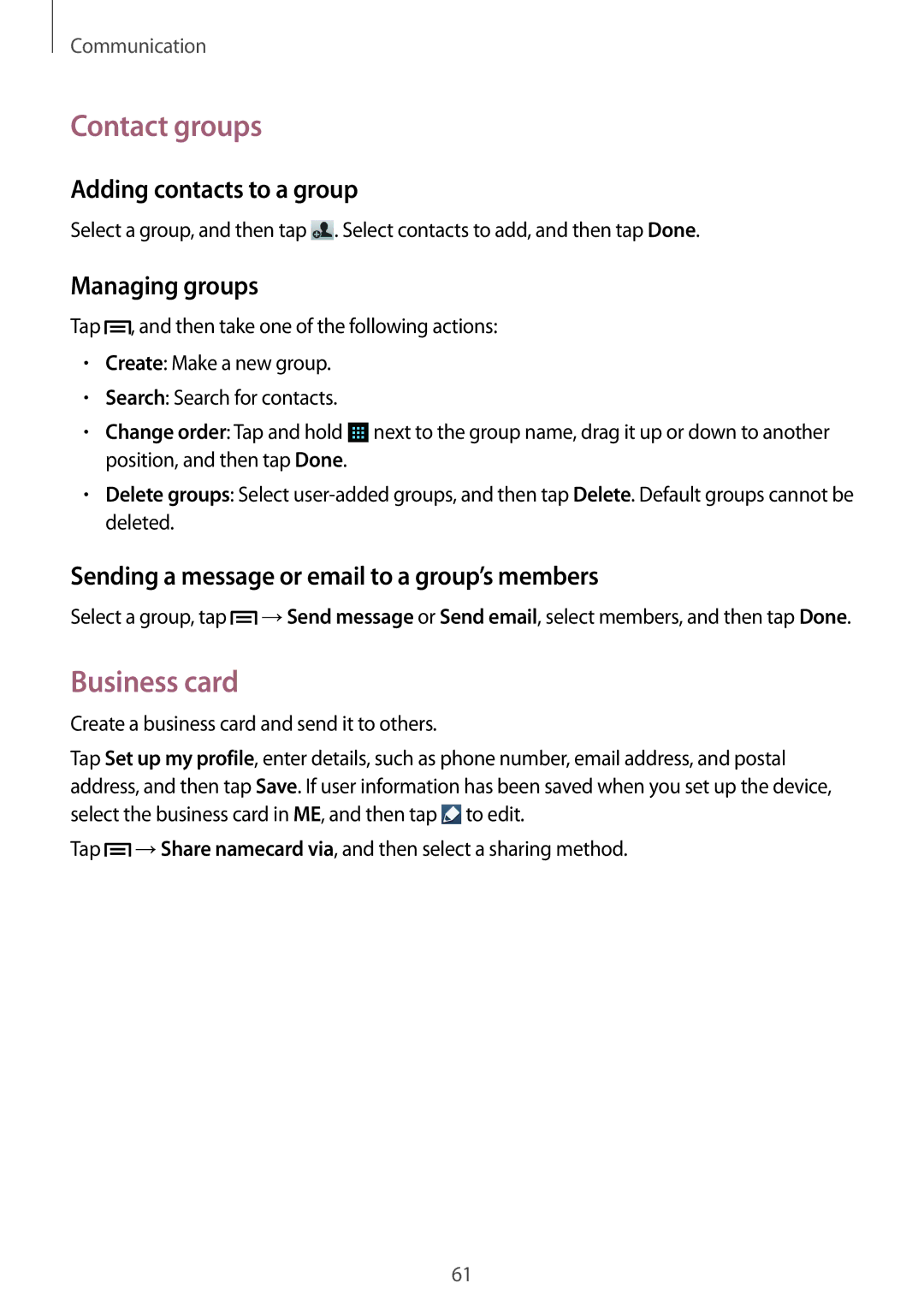 Samsung GT-N7100VSDTIM, GT-N7100ZNDTUR manual Contact groups, Business card, Adding contacts to a group, Managing groups 