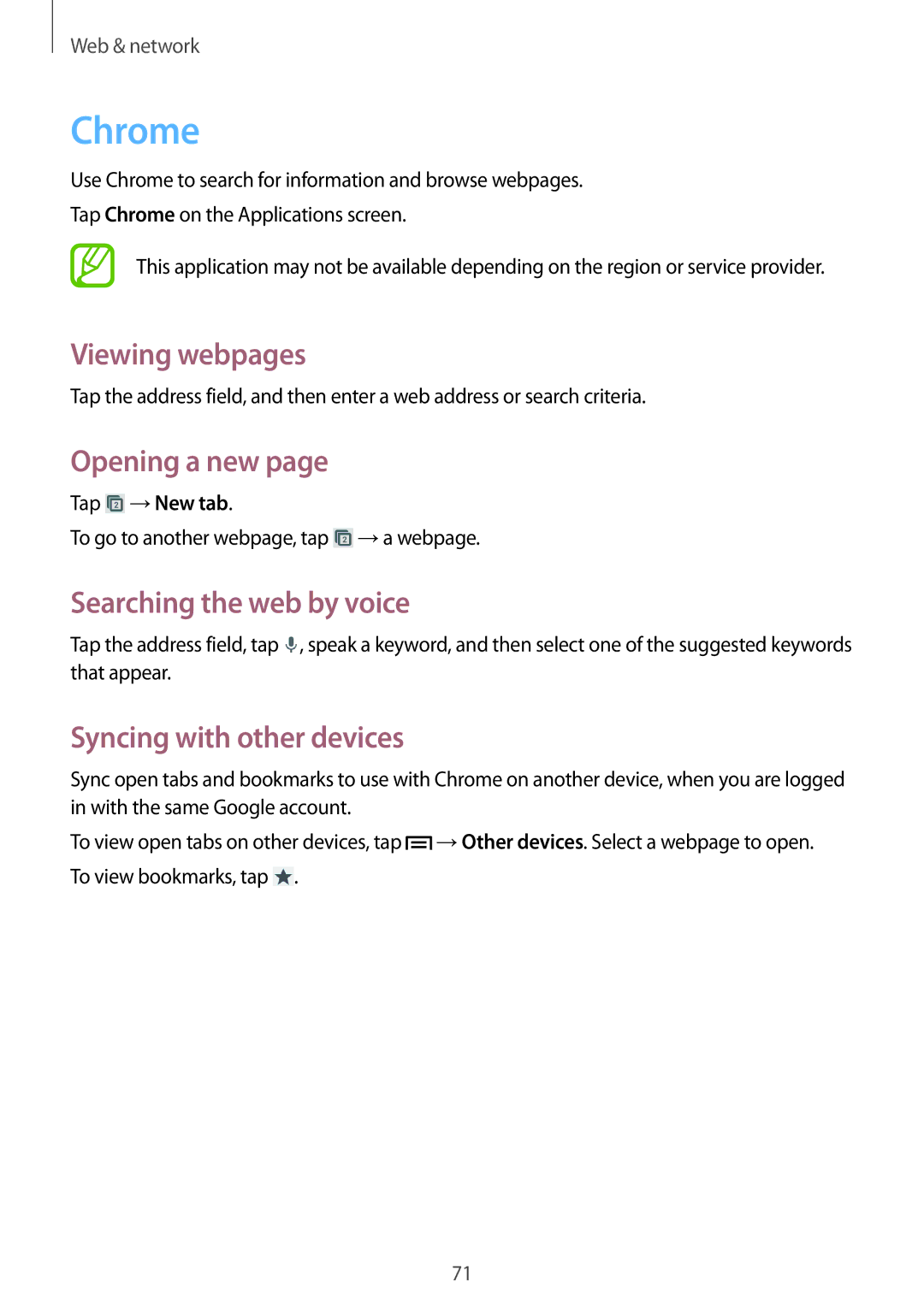 Samsung GT-N7100RWDOMN, GT-N7100ZNDTUR, GT-N7100ZBDTUR, GT-N7100TAXDBT manual Chrome, Syncing with other devices, Tap →New tab 