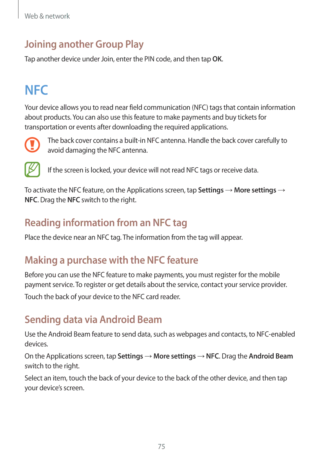 Samsung GT-N7100VSDAMN Joining another Group Play, Reading information from an NFC tag, Sending data via Android Beam 